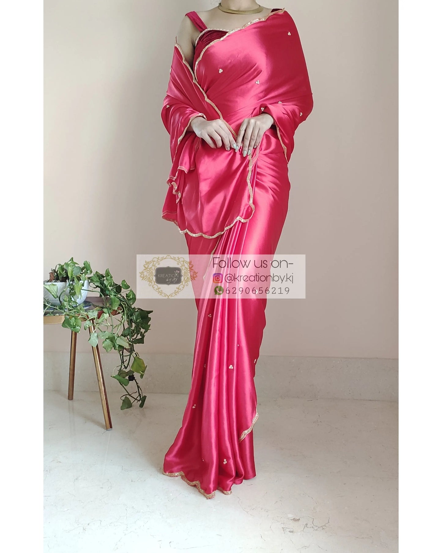 Crimson Red Satin Silk Saree With Handembroidered Scalloping - kreationbykj