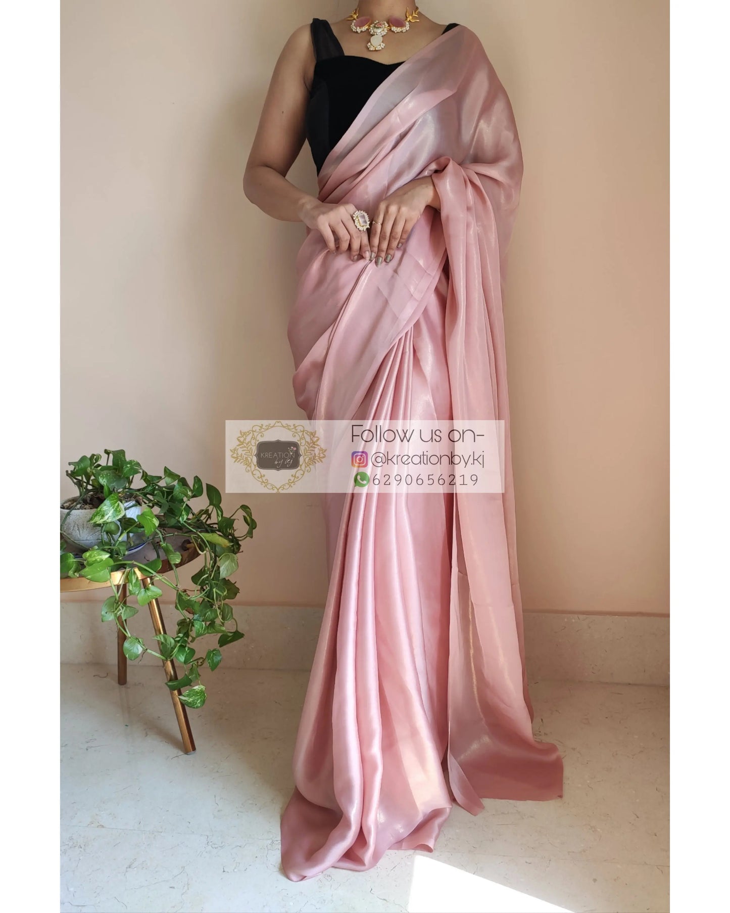 Onion Pink Shimmer Satin Saree - kreationbykj