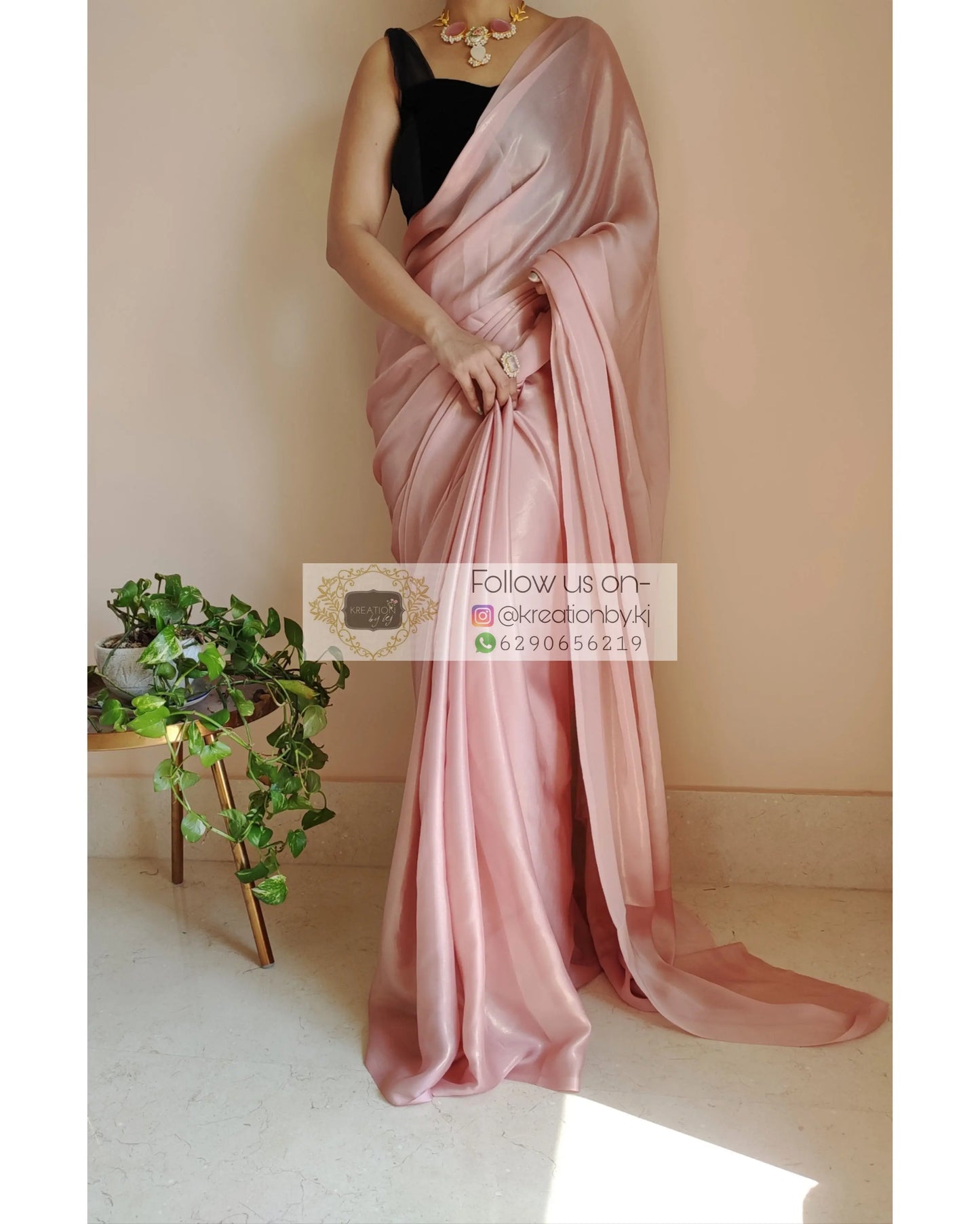 Onion Pink Shimmer Satin Saree - kreationbykj