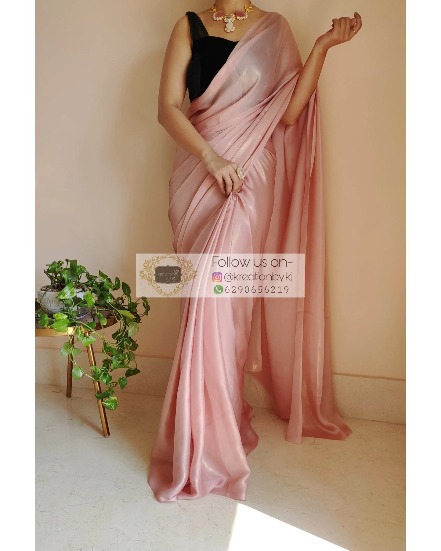 Onion Pink Shimmer Satin Saree - kreationbykj