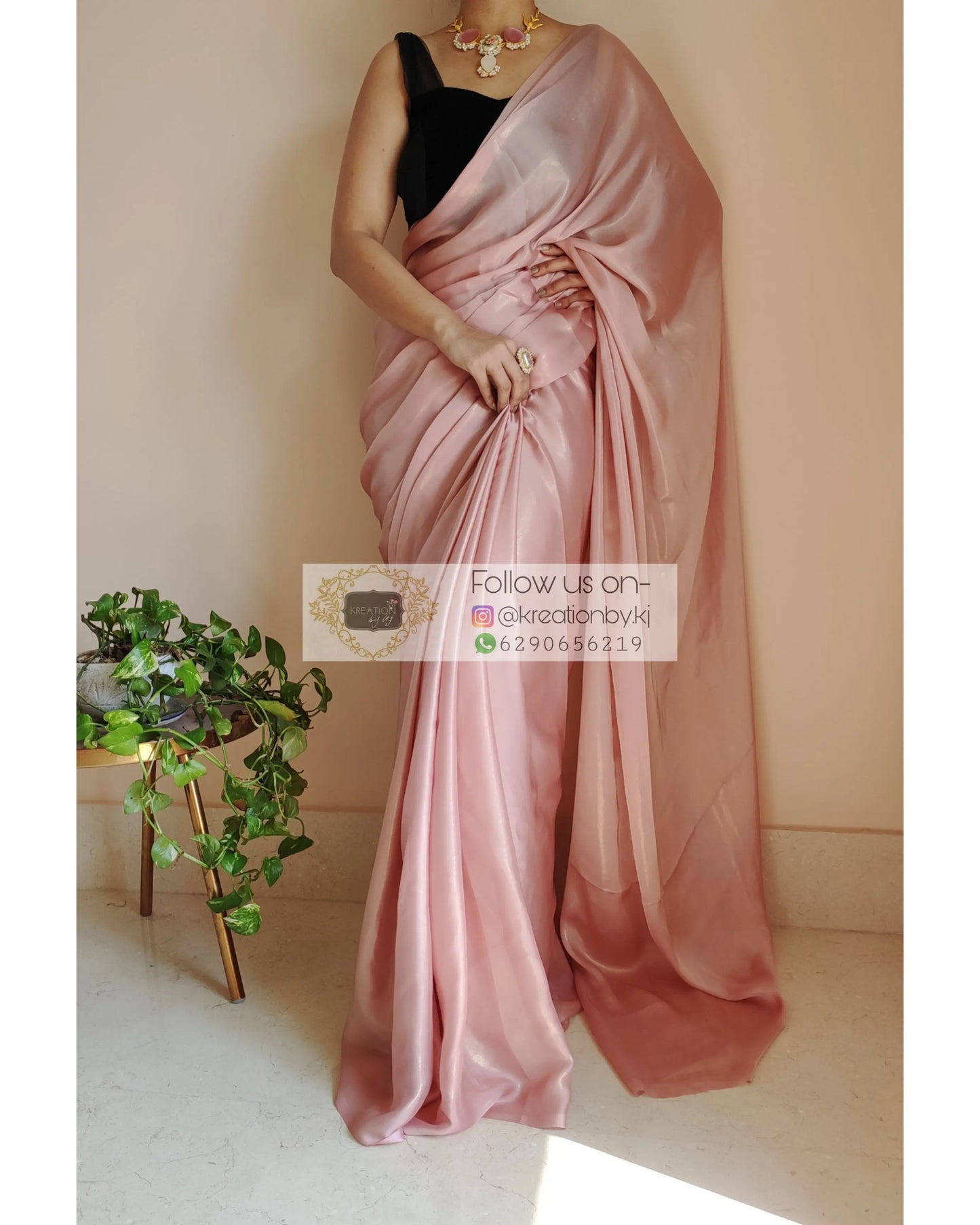 Onion Pink Shimmer Satin Saree - kreationbykj