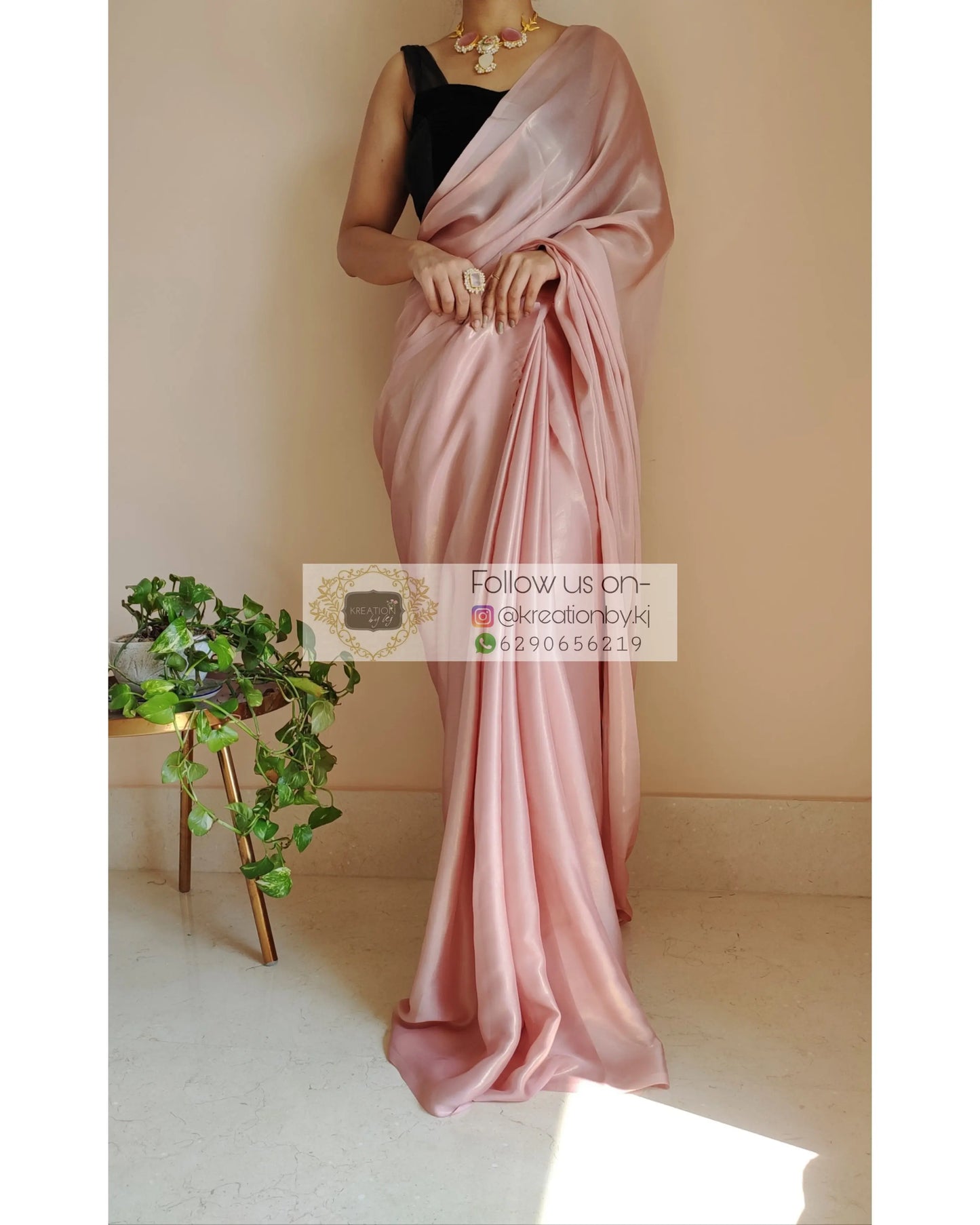Onion Pink Shimmer Satin Saree - kreationbykj