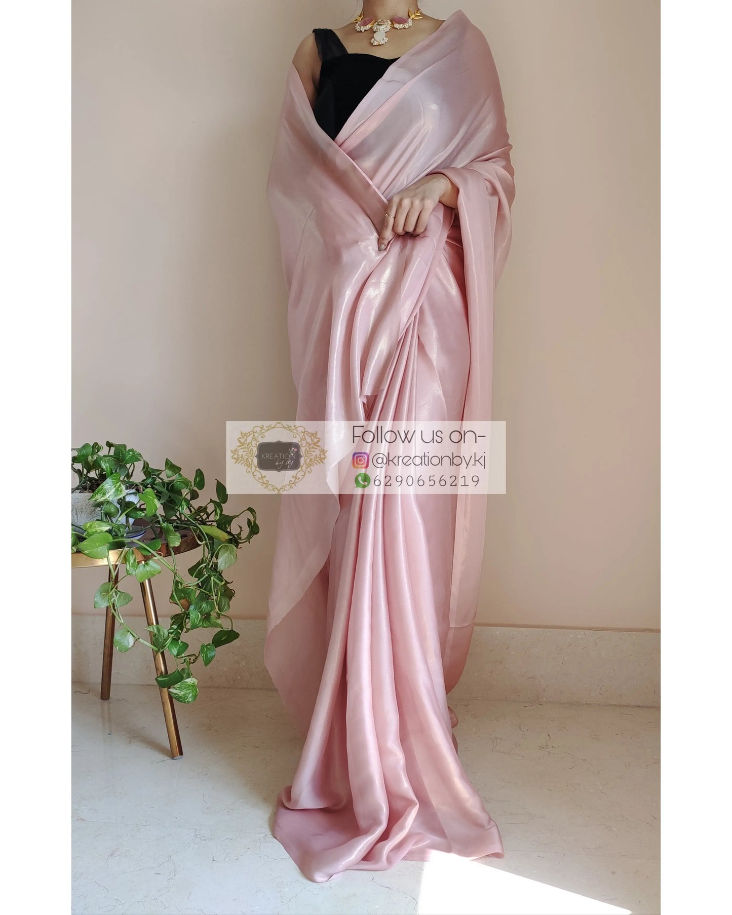 Onion Pink Shimmer Satin Saree - kreationbykj