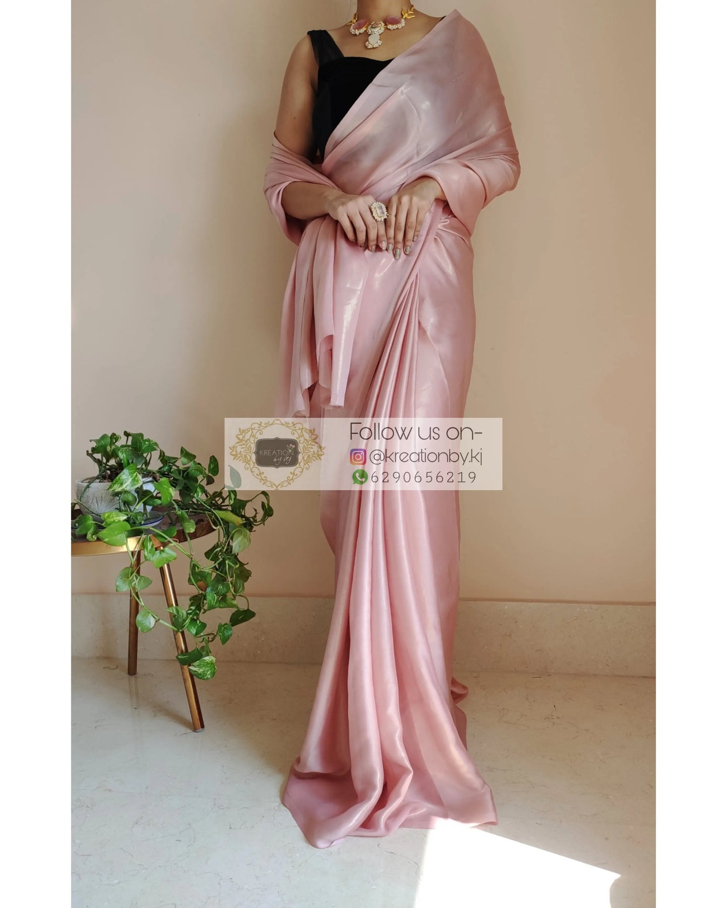 Onion Pink Shimmer Satin Saree - kreationbykj