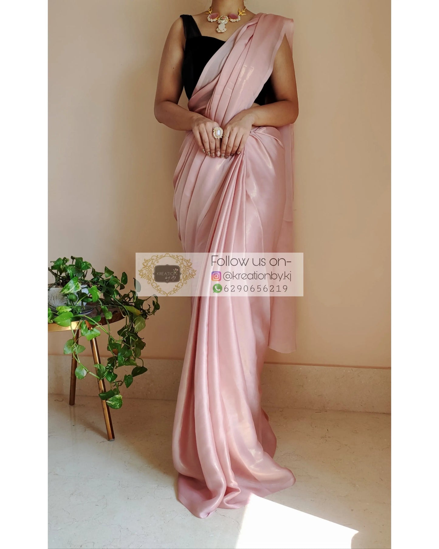 Onion Pink Shimmer Satin Saree - kreationbykj