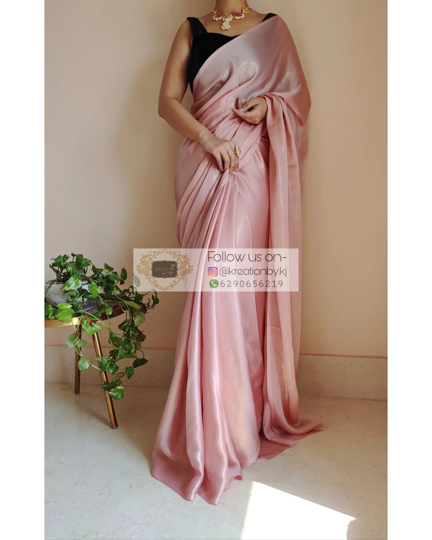 Onion Pink Shimmer Satin Saree - kreationbykj