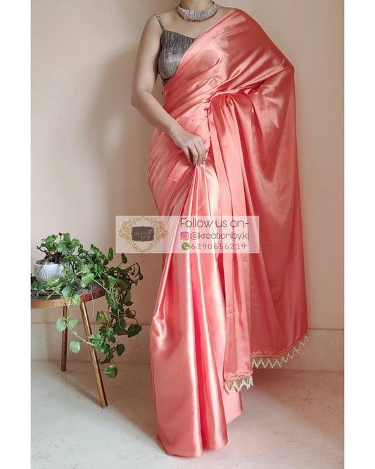 Coral Satin Silk Saree With Handmade Tassels On Pallu - kreationbykj
