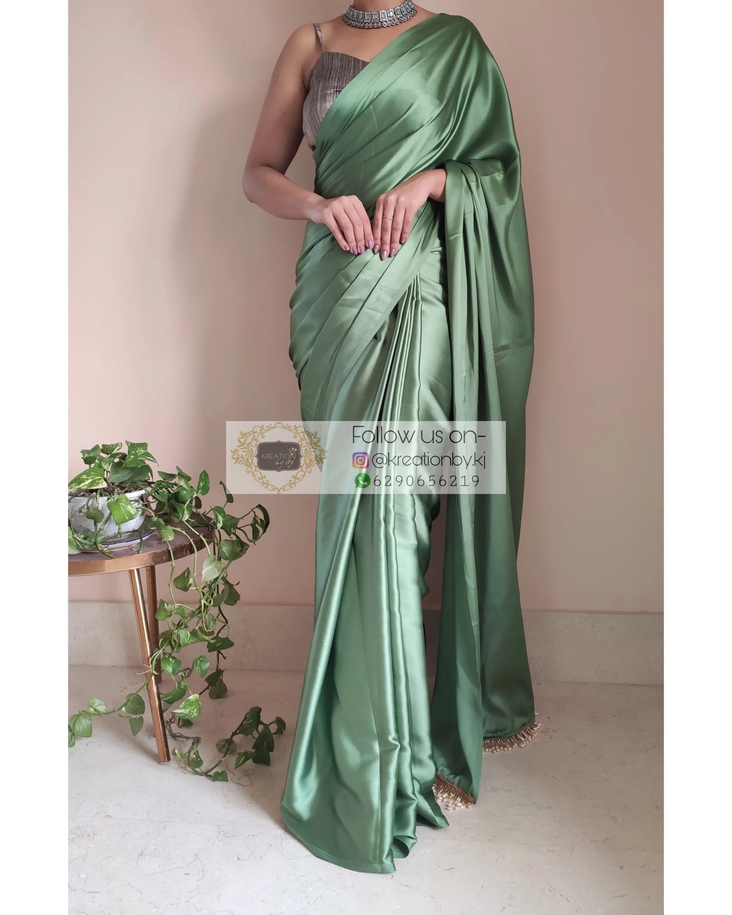 Moss Green Satin Silk Saree With Handmade Tassels On Pallu - kreationbykj