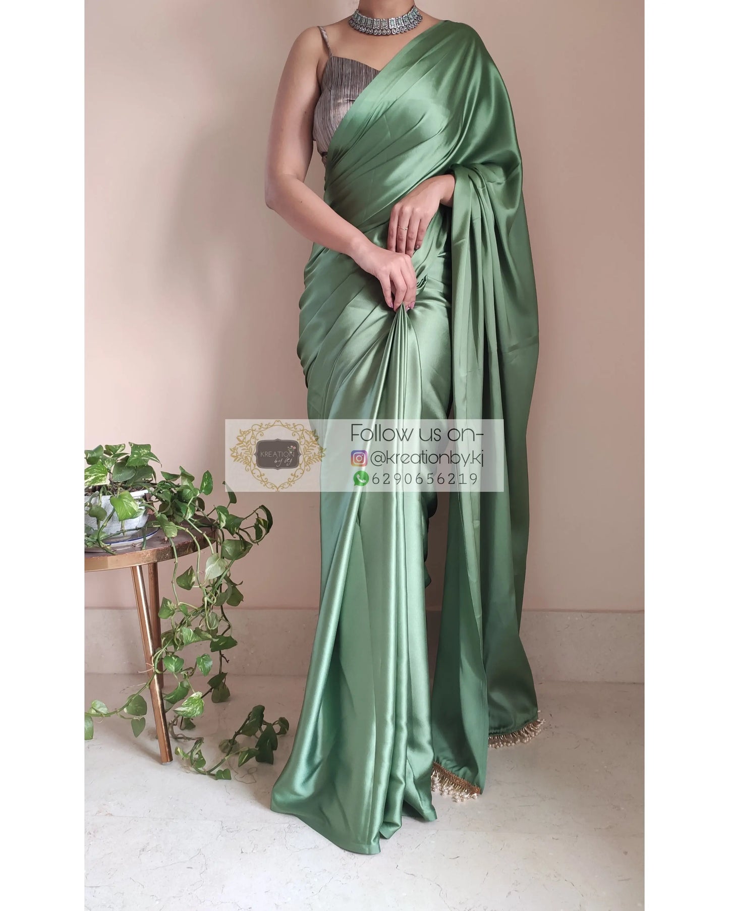 Moss Green Satin Silk Saree With Handmade Tassels On Pallu - kreationbykj
