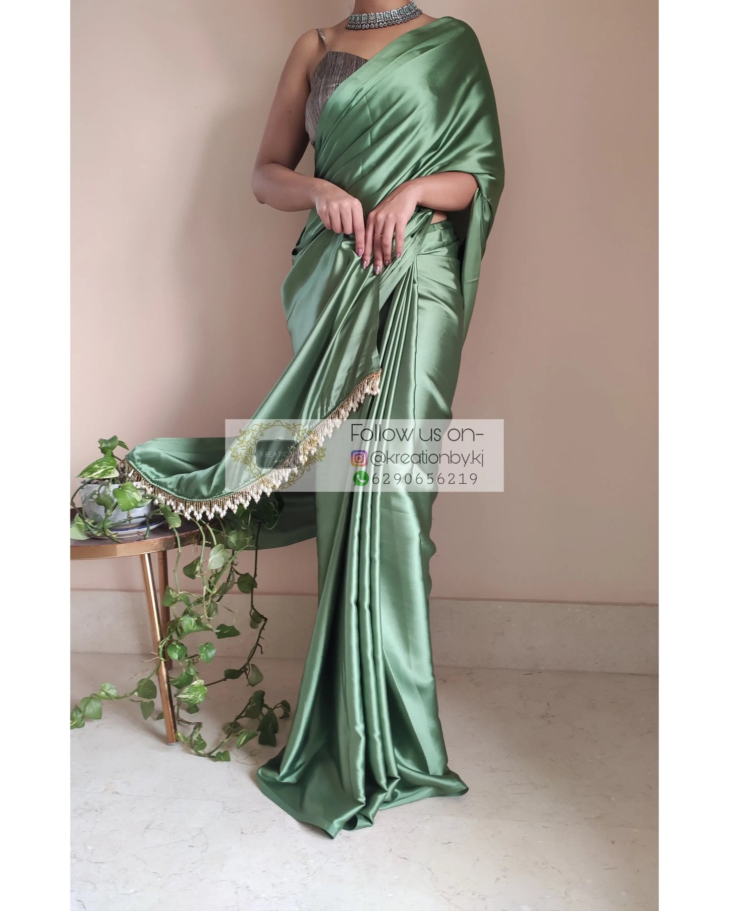 Moss Green Satin Silk Saree With Handmade Tassels On Pallu - kreationbykj