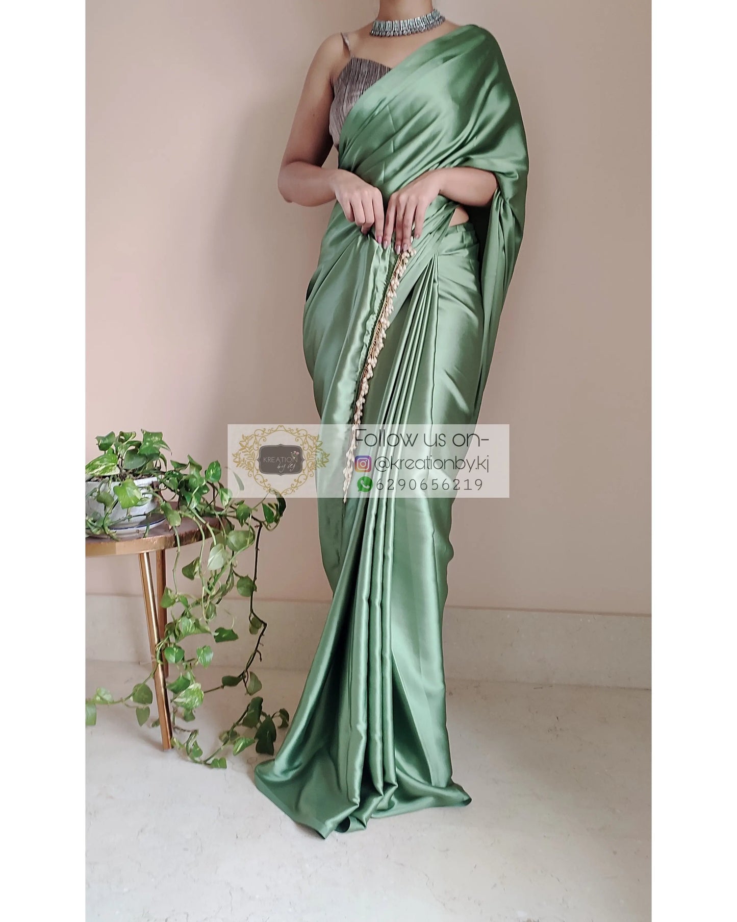 Moss Green Satin Silk Saree With Handmade Tassels On Pallu - kreationbykj