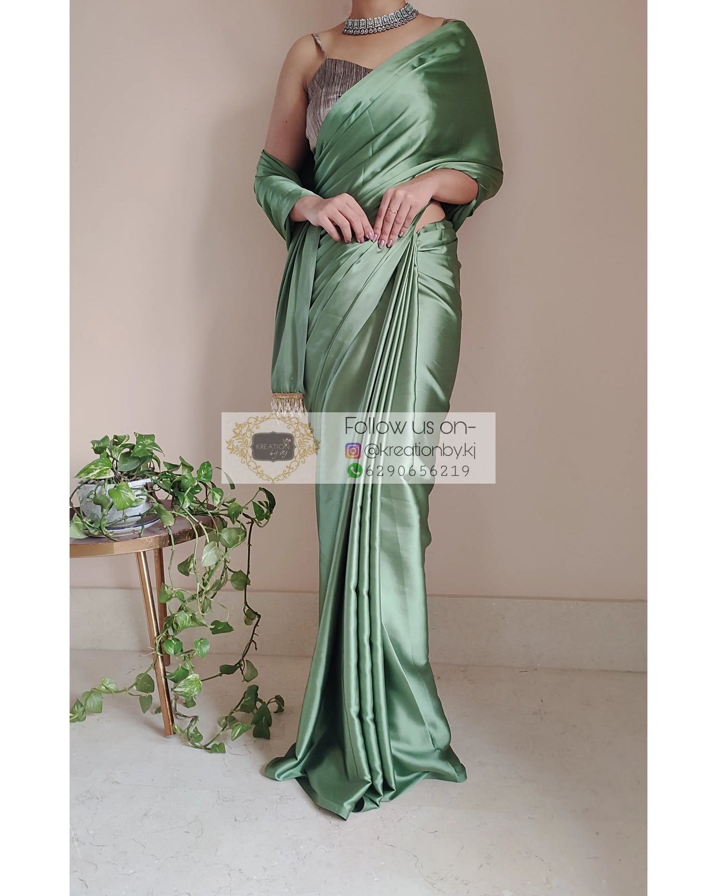 Moss Green Satin Silk Saree With Handmade Tassels On Pallu - kreationbykj