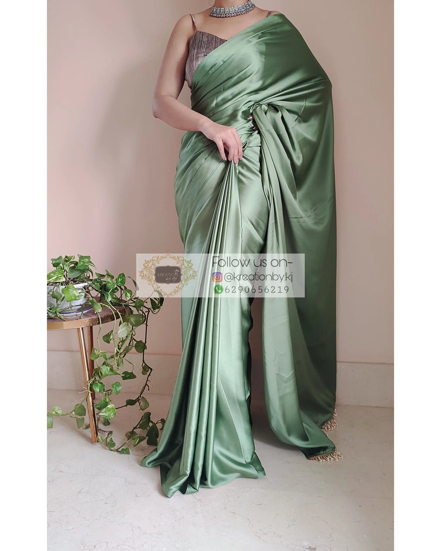 Moss Green Satin Silk Saree With Handmade Tassels On Pallu - kreationbykj
