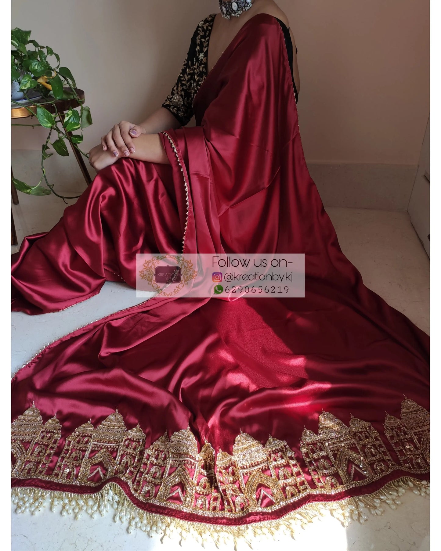 Maroon Satin Silk Taj Mahal Saree - kreationbykj
