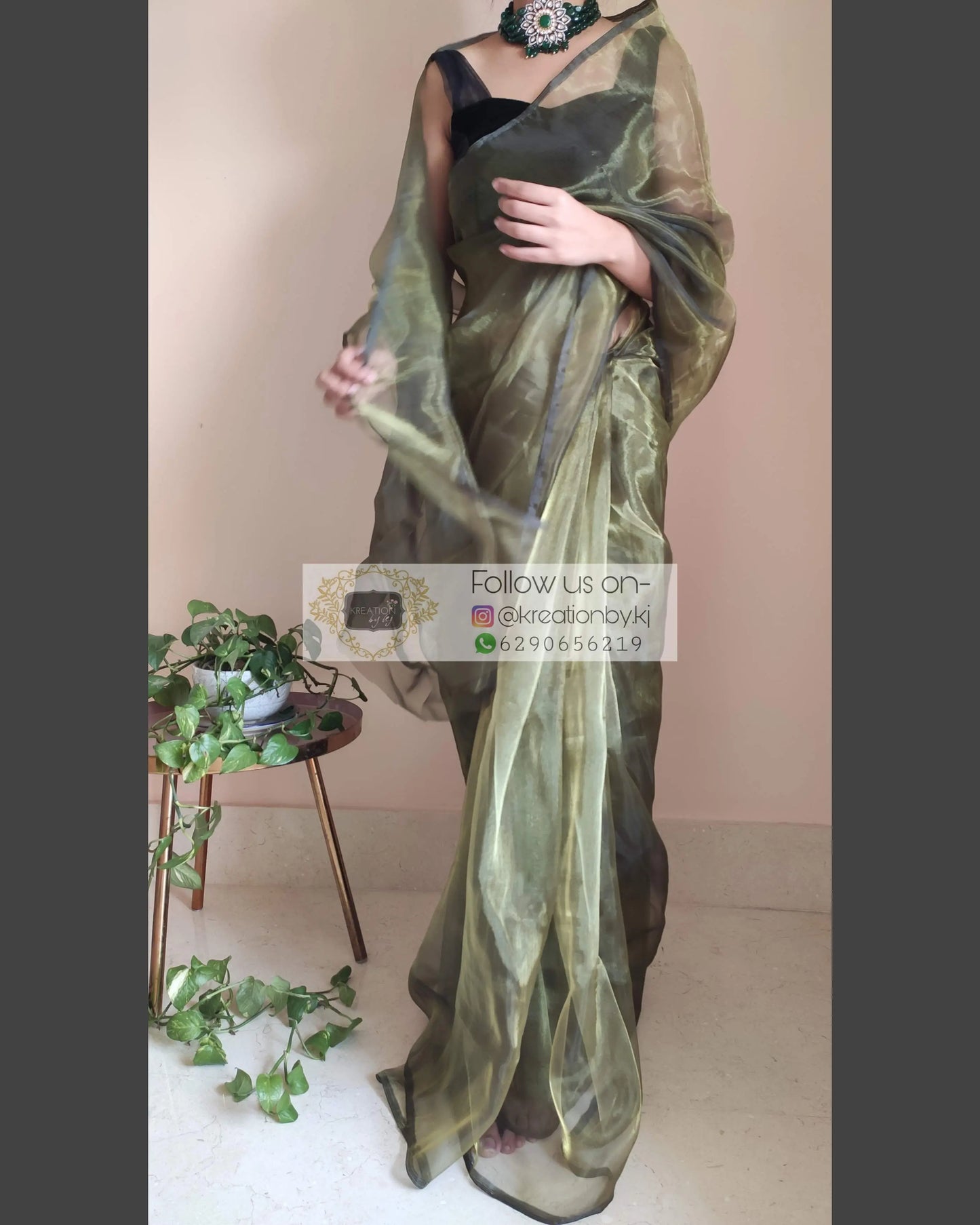 Military Green Glass Tissue Saree - kreationbykj