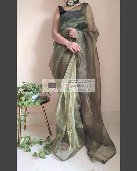 Military Green Glass Tissue Saree - kreationbykj