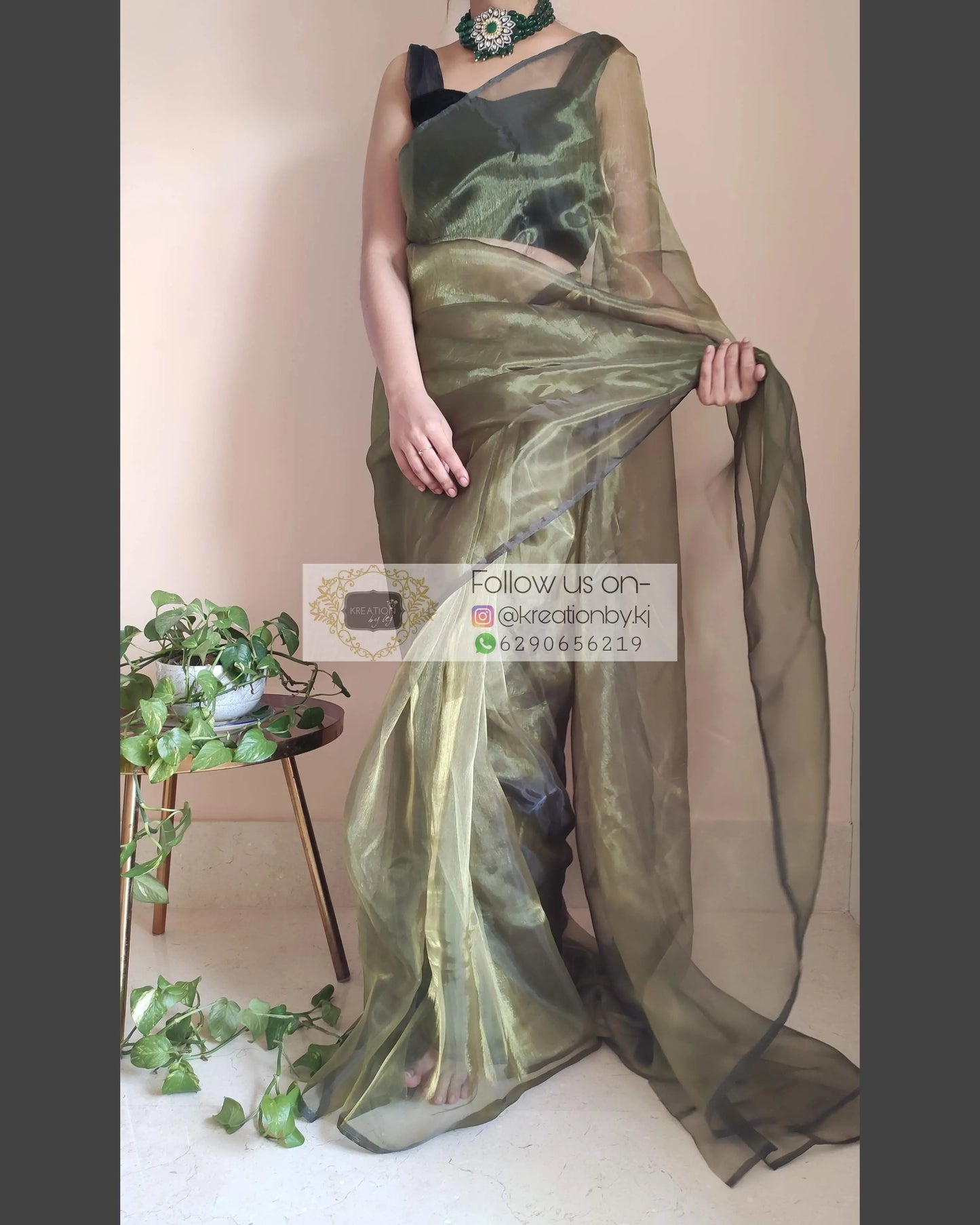 Military Green Glass Tissue Saree - kreationbykj