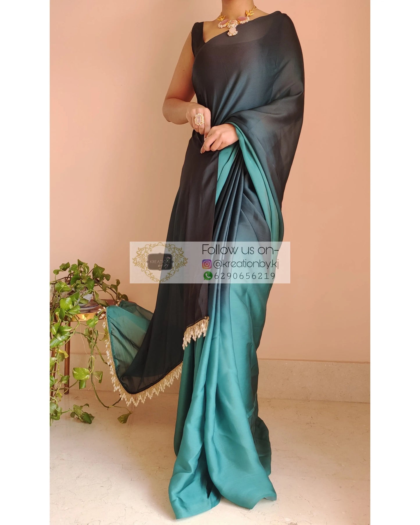 Blue Ombré Crepe Silk Saree With Handmade Tassels On Pallu - kreationbykj