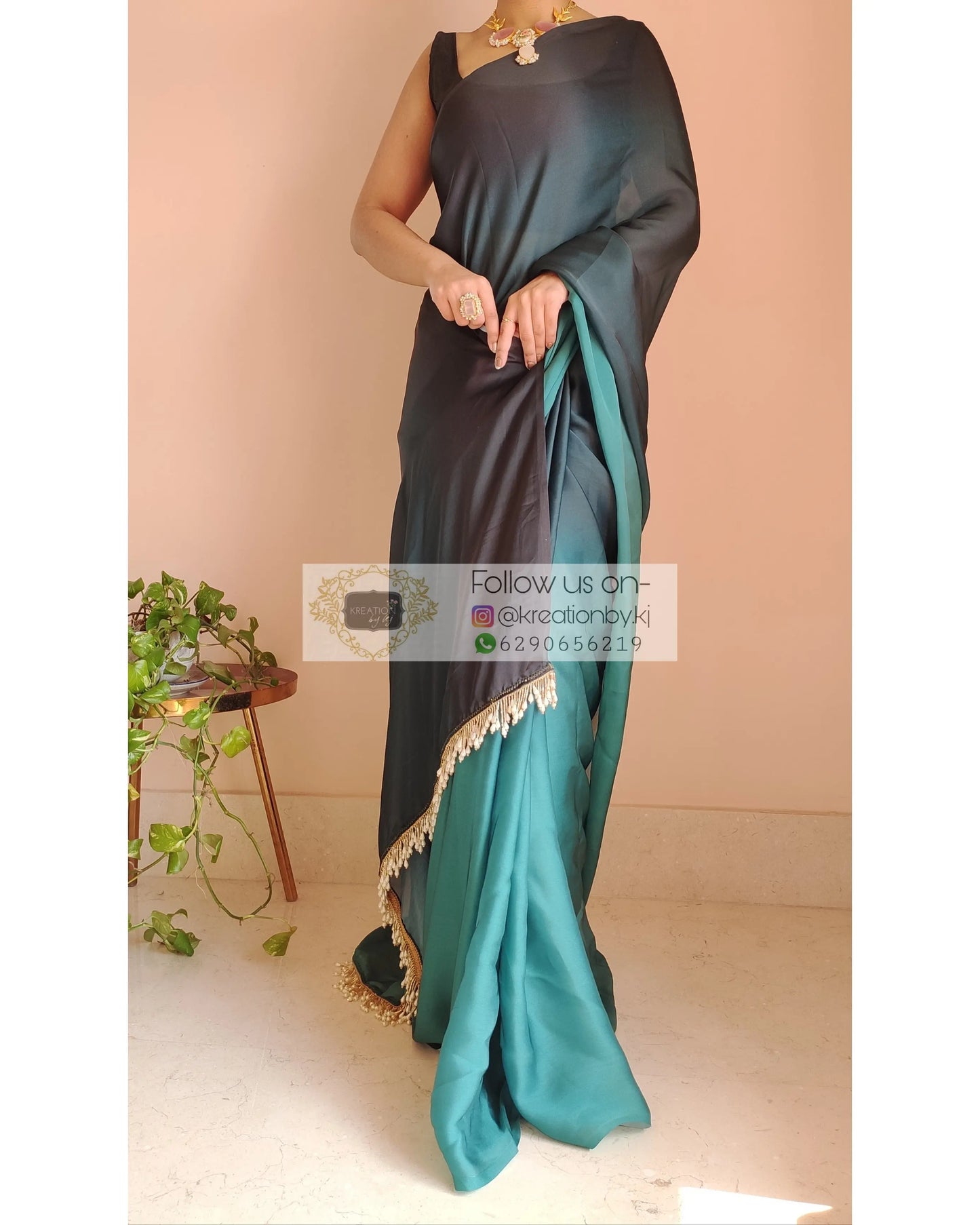 Blue Ombré Crepe Silk Saree With Handmade Tassels On Pallu - kreationbykj