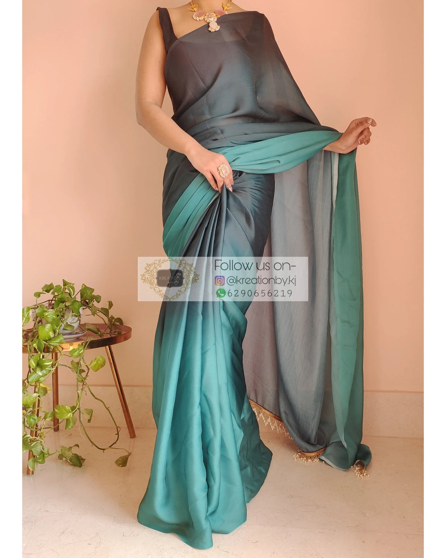 Blue Ombré Crepe Silk Saree With Handmade Tassels On Pallu - kreationbykj