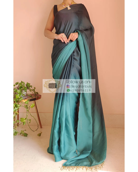 Blue Ombré Crepe Silk Saree With Handmade Tassels On Pallu - kreationbykj