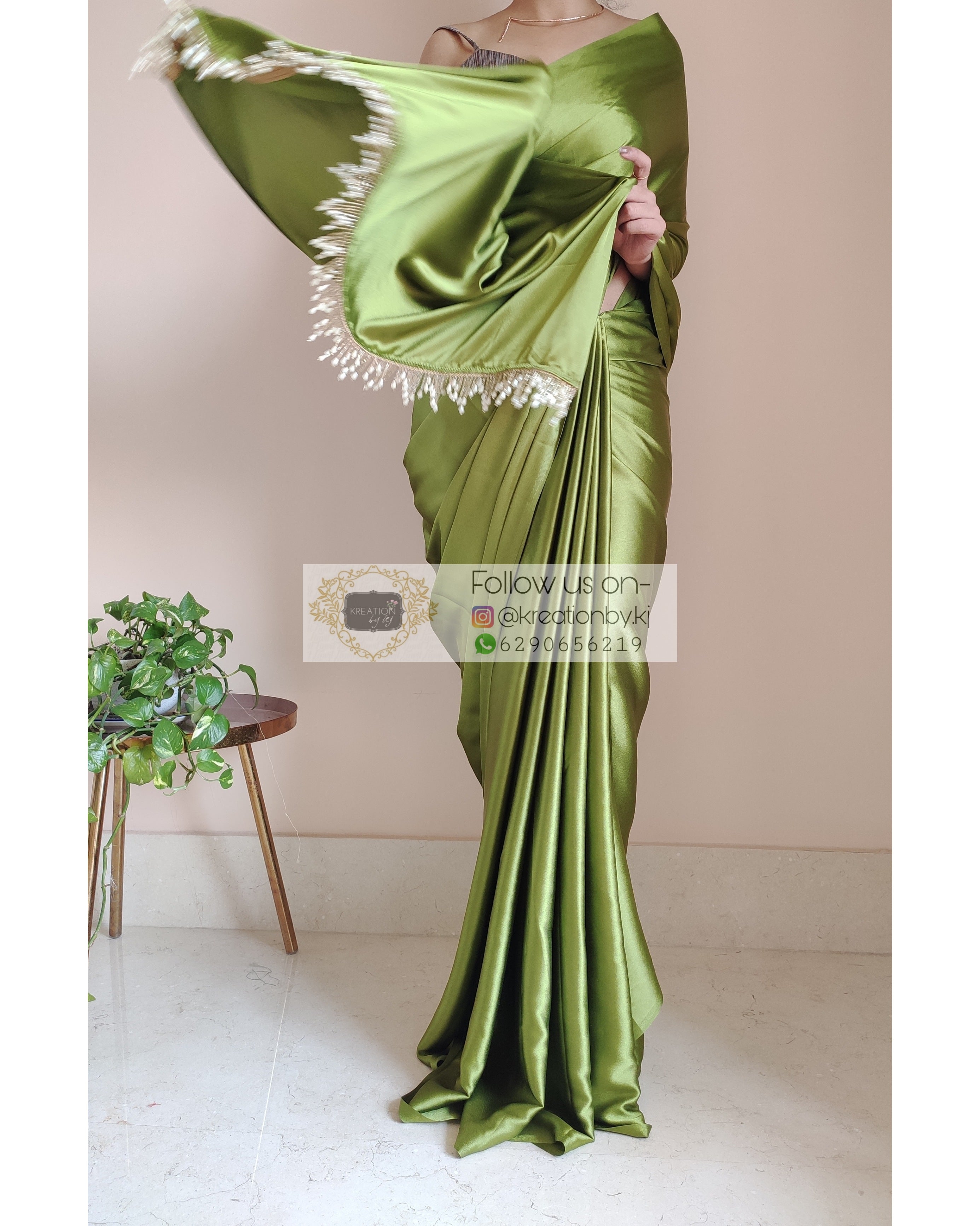 Moss Green Satin Silk Saree With Handmade Tassels On Pallu