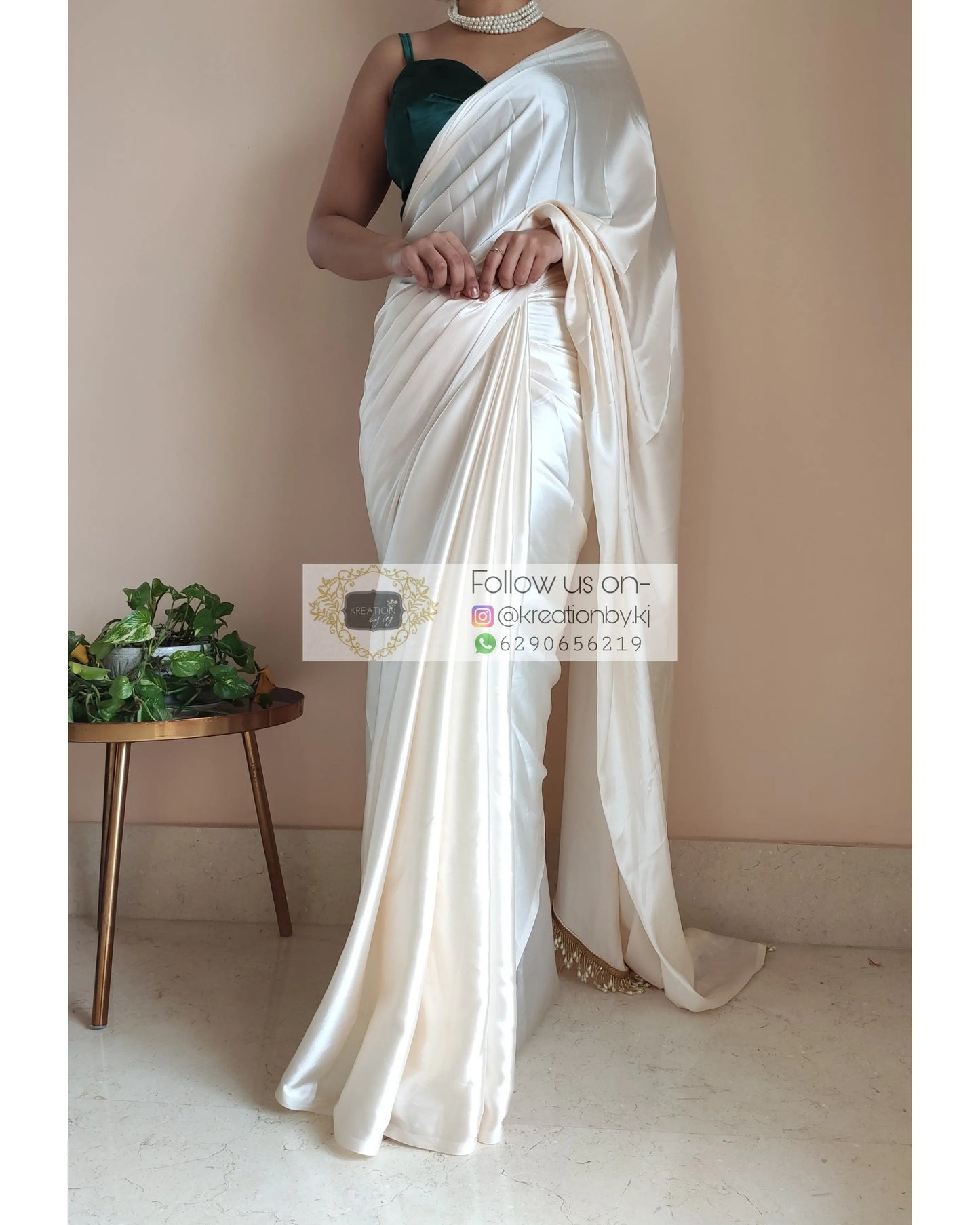 Cream Satin Silk Saree With Handmade Tassels On Pallu - kreationbykj