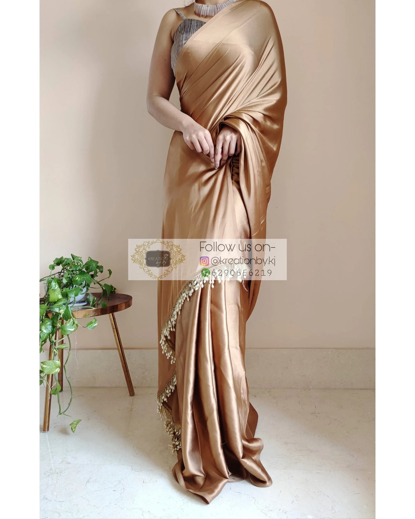 Golden Brown Satin Silk Saree With Handmade Tassels On Pallu - kreationbykj