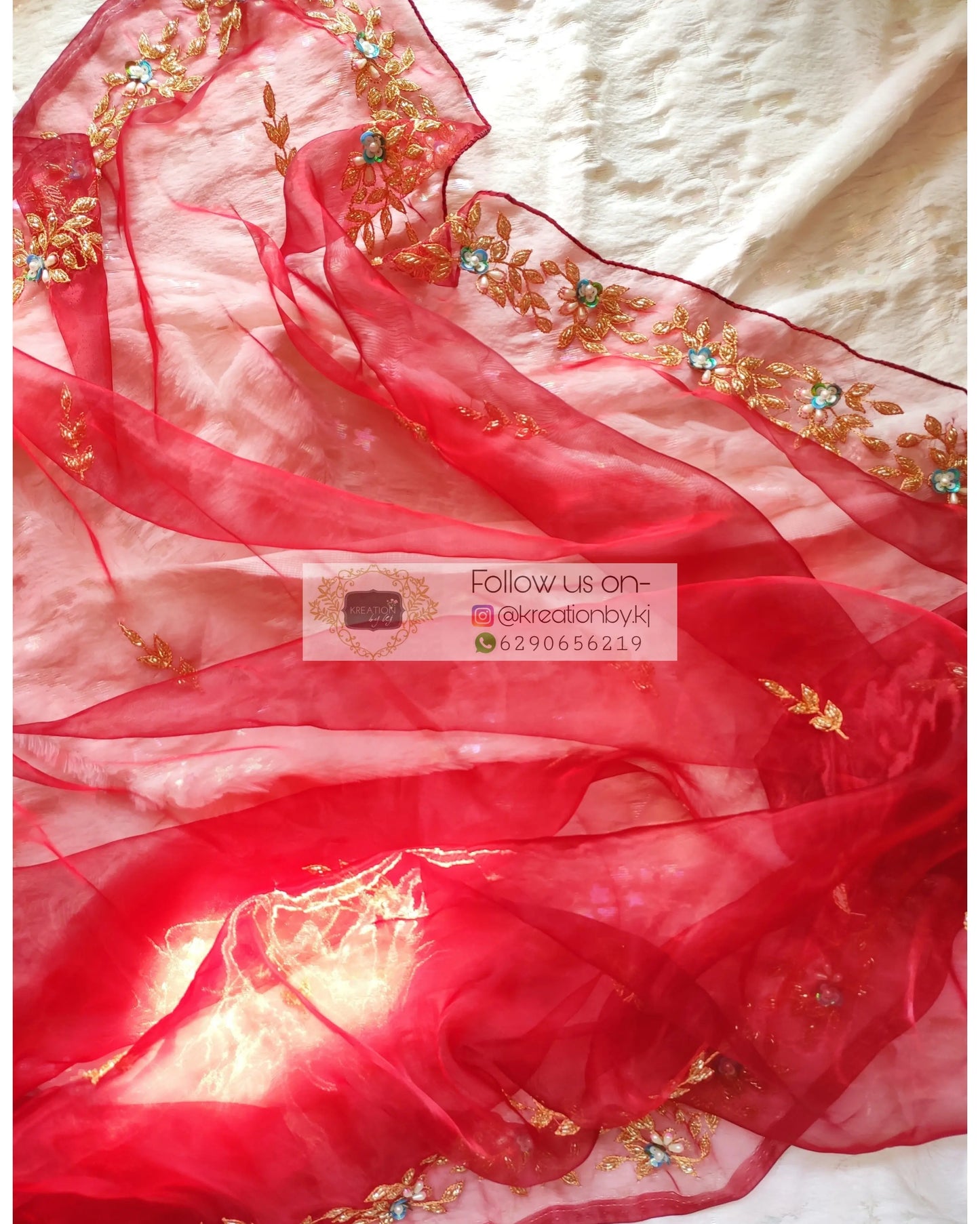 Red Glass Tissue Chandani Dupatta - kreationbykj