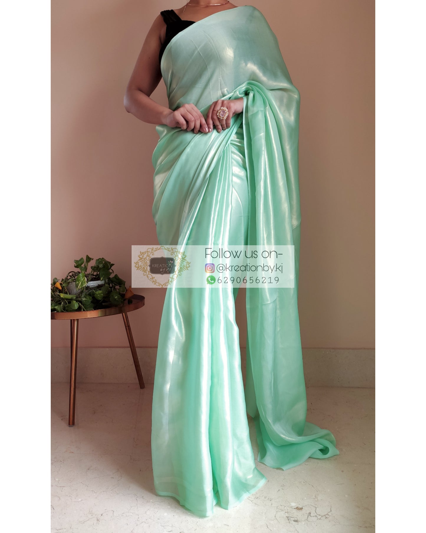 Mint Green Shimmer Satin Saree - kreationbykj