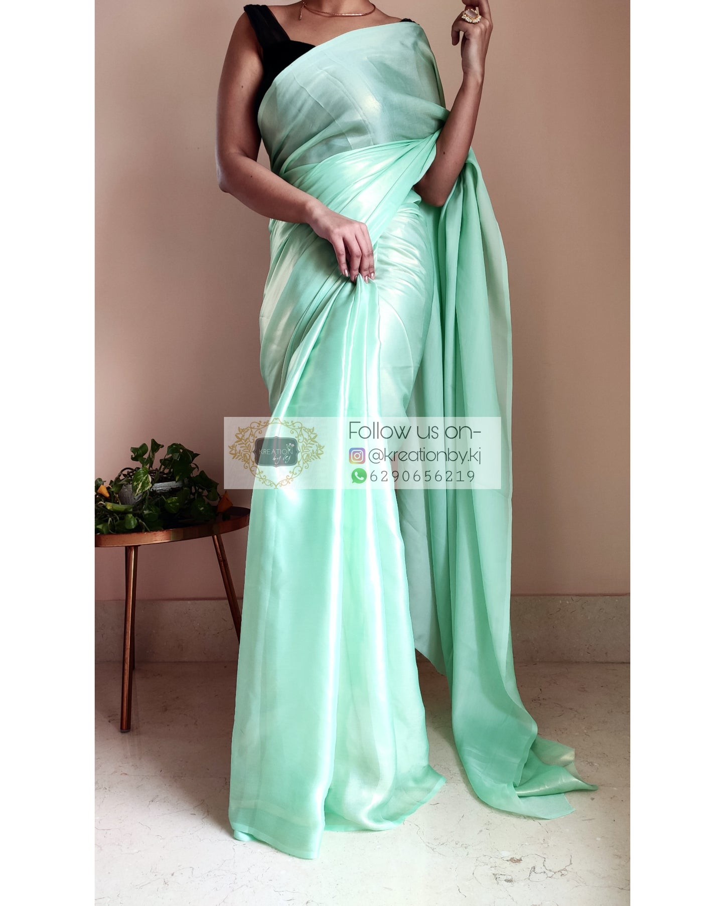 Mint Green Shimmer Satin Saree - kreationbykj