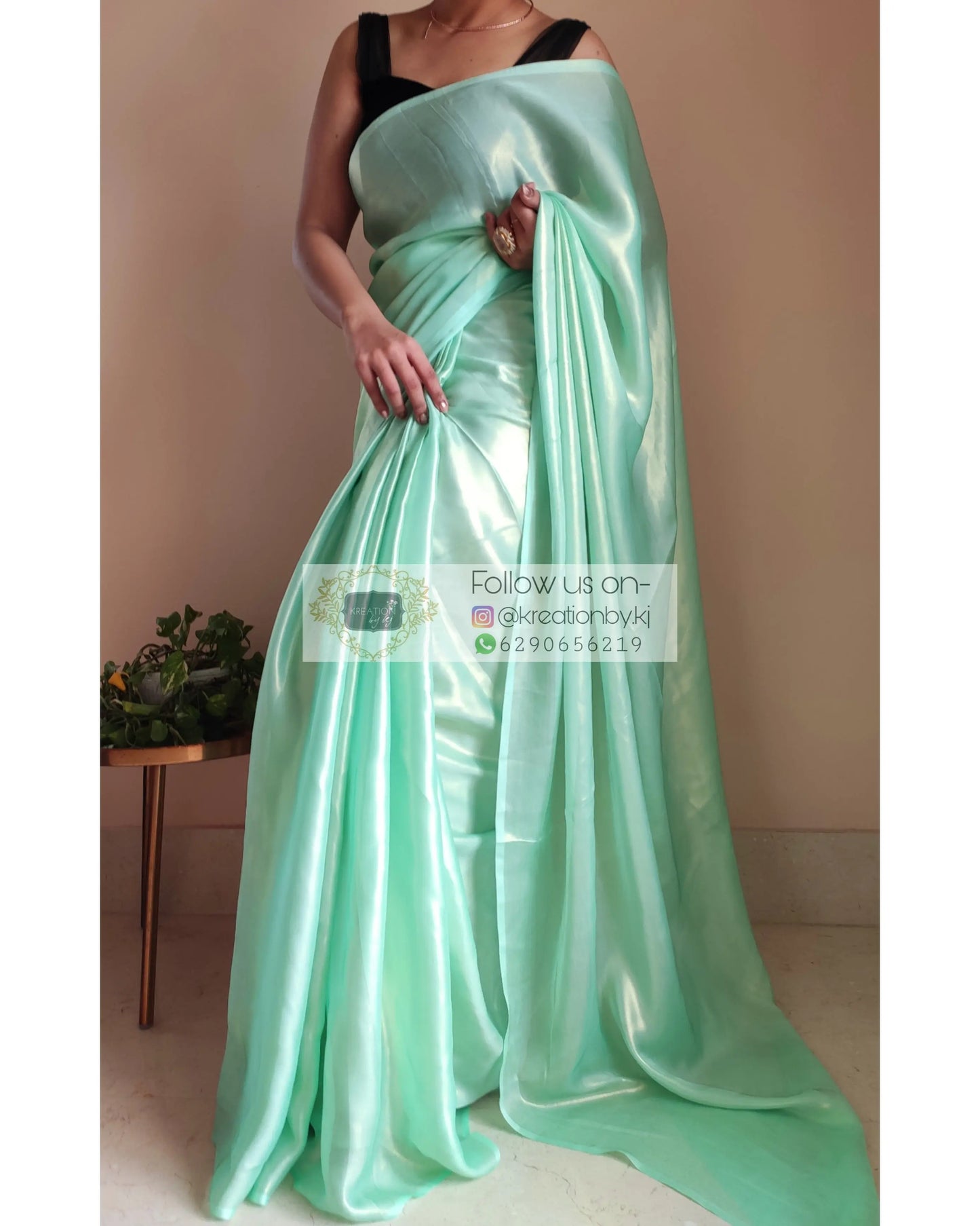 Mint Green Shimmer Satin Saree - kreationbykj