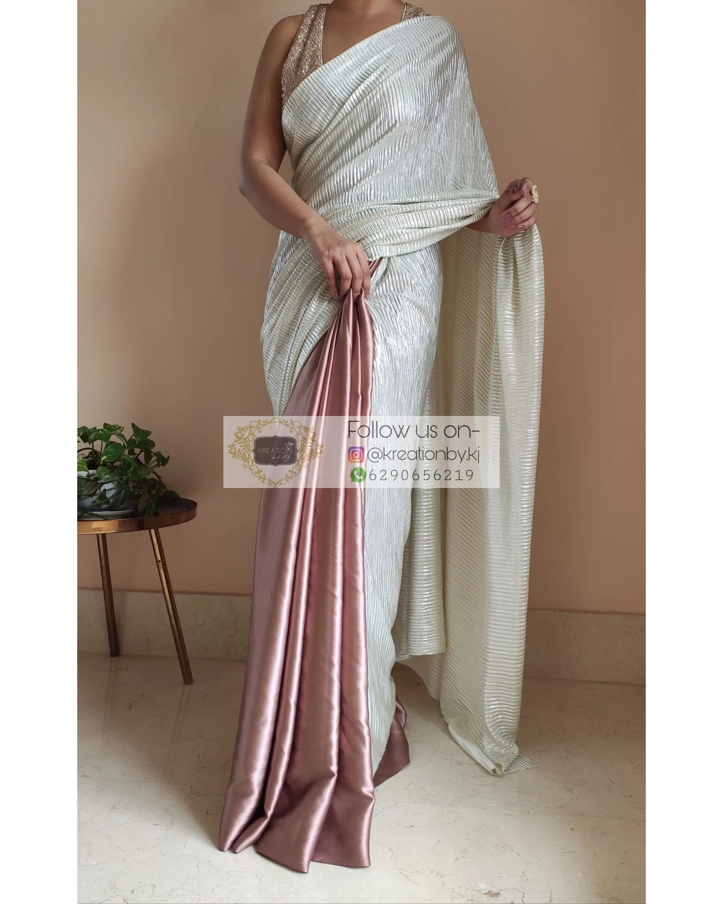 Rose Gold- Silver Pleated Saree - kreationbykj