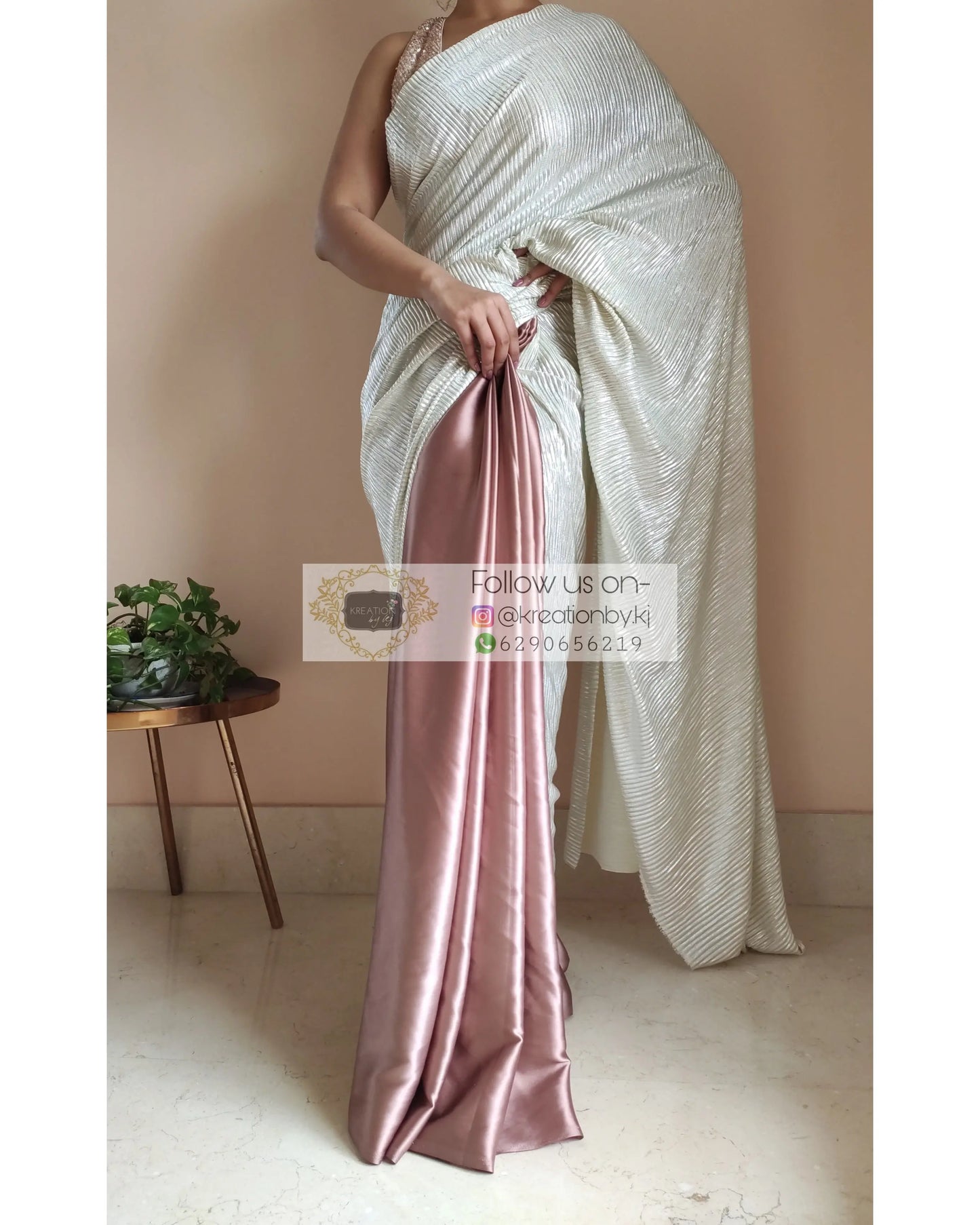 Rose Gold- Silver Pleated Saree - kreationbykj