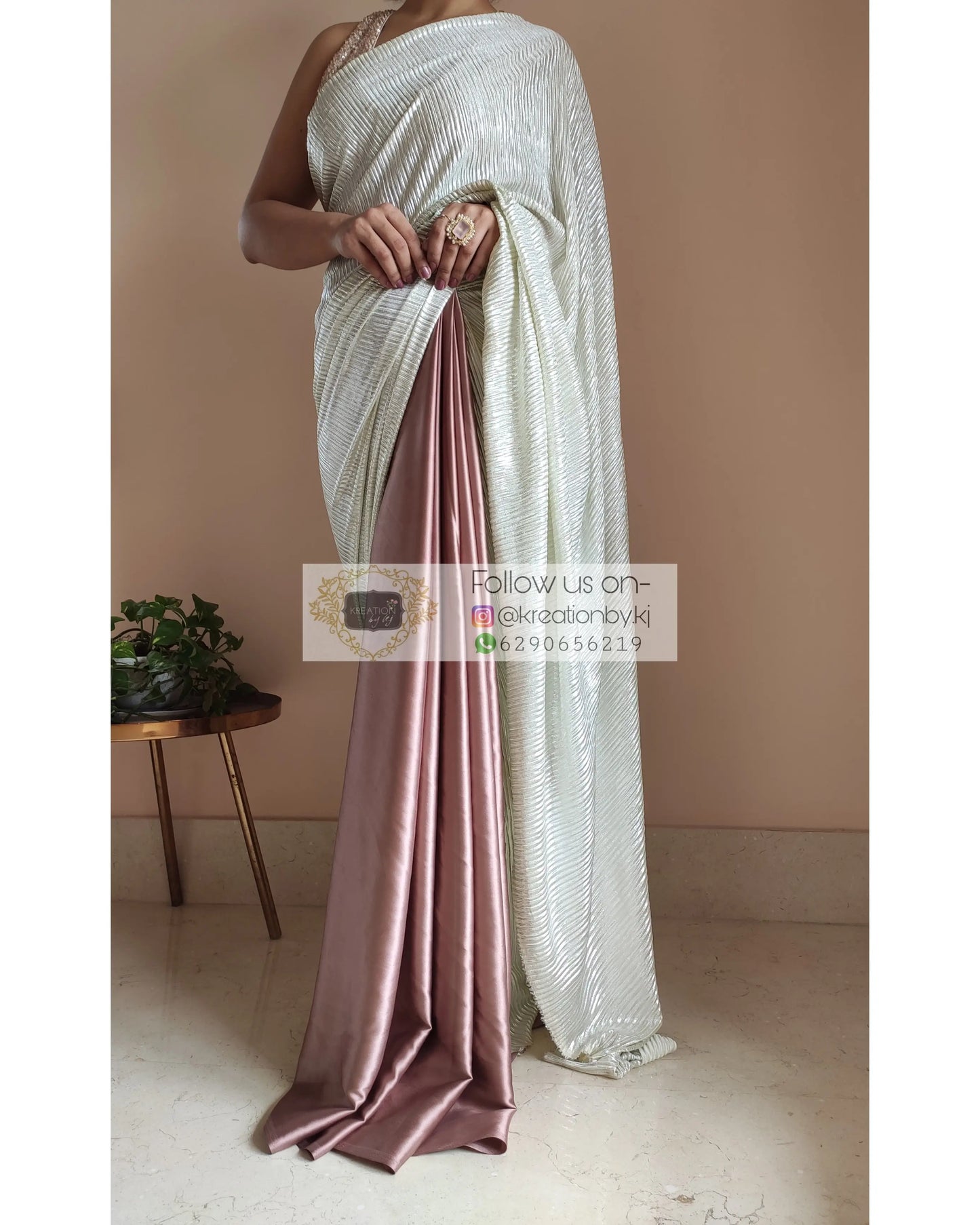 Rose Gold- Silver Pleated Saree - kreationbykj