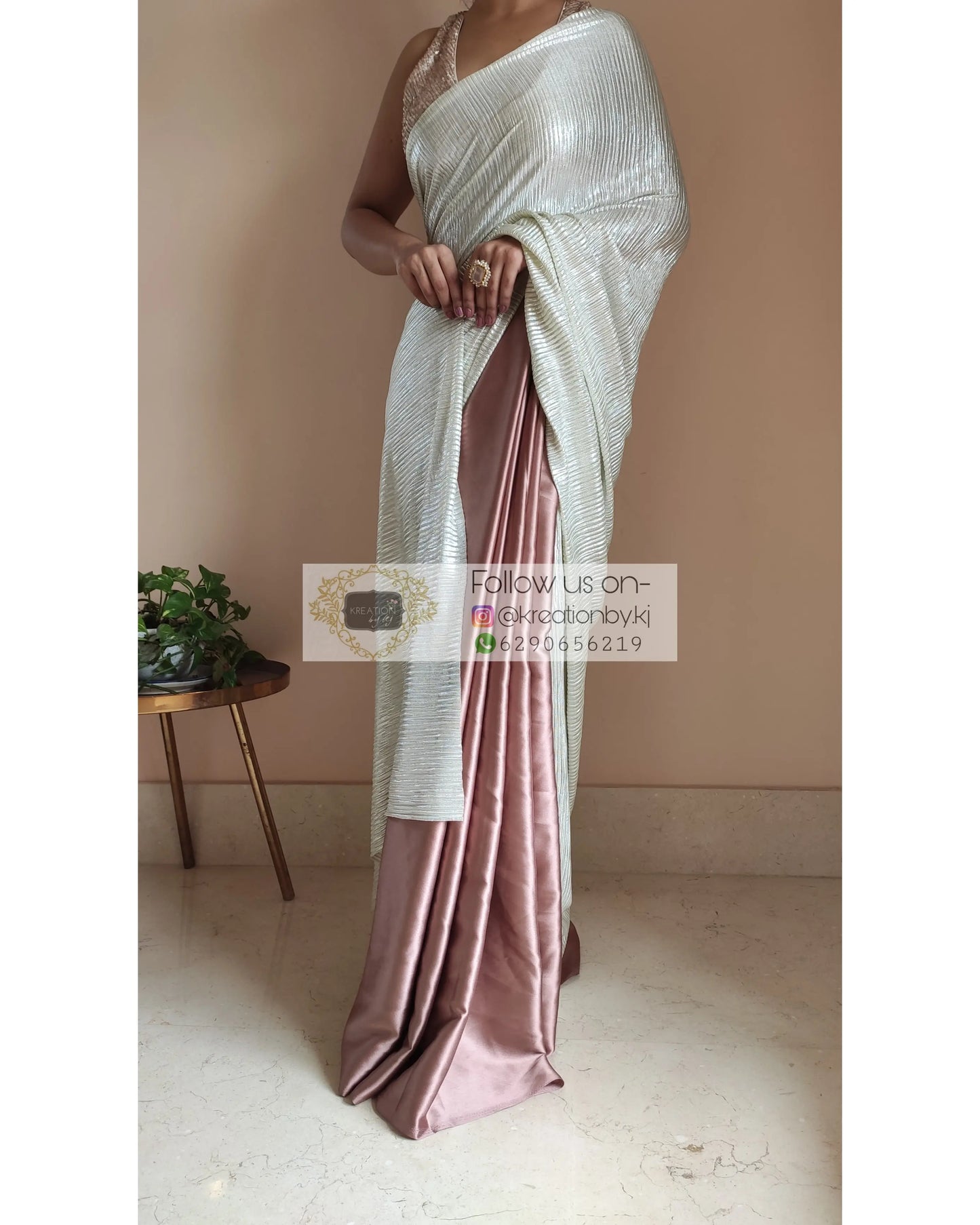 Rose Gold- Silver Pleated Saree - kreationbykj