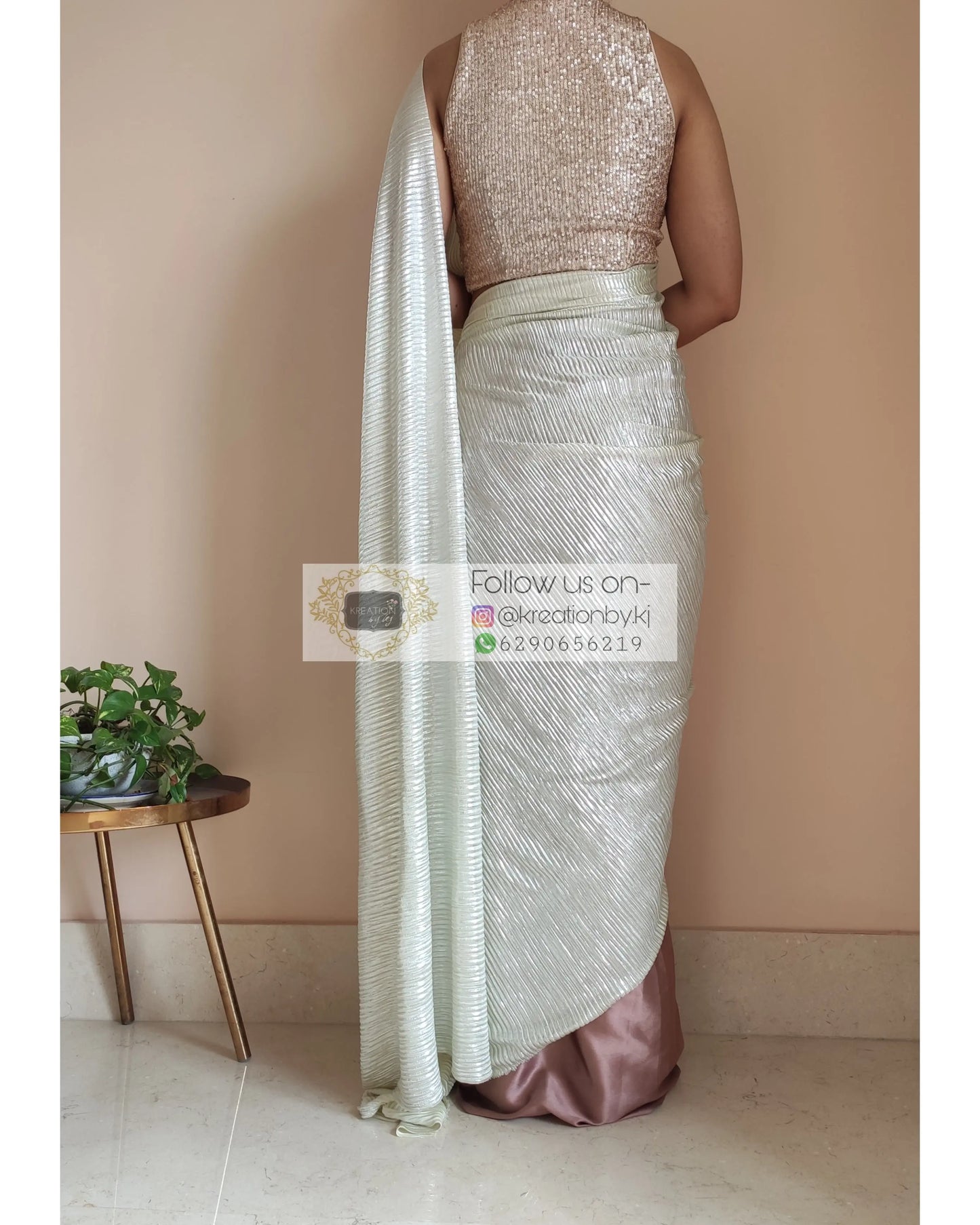 Rose Gold- Silver Pleated Saree - kreationbykj