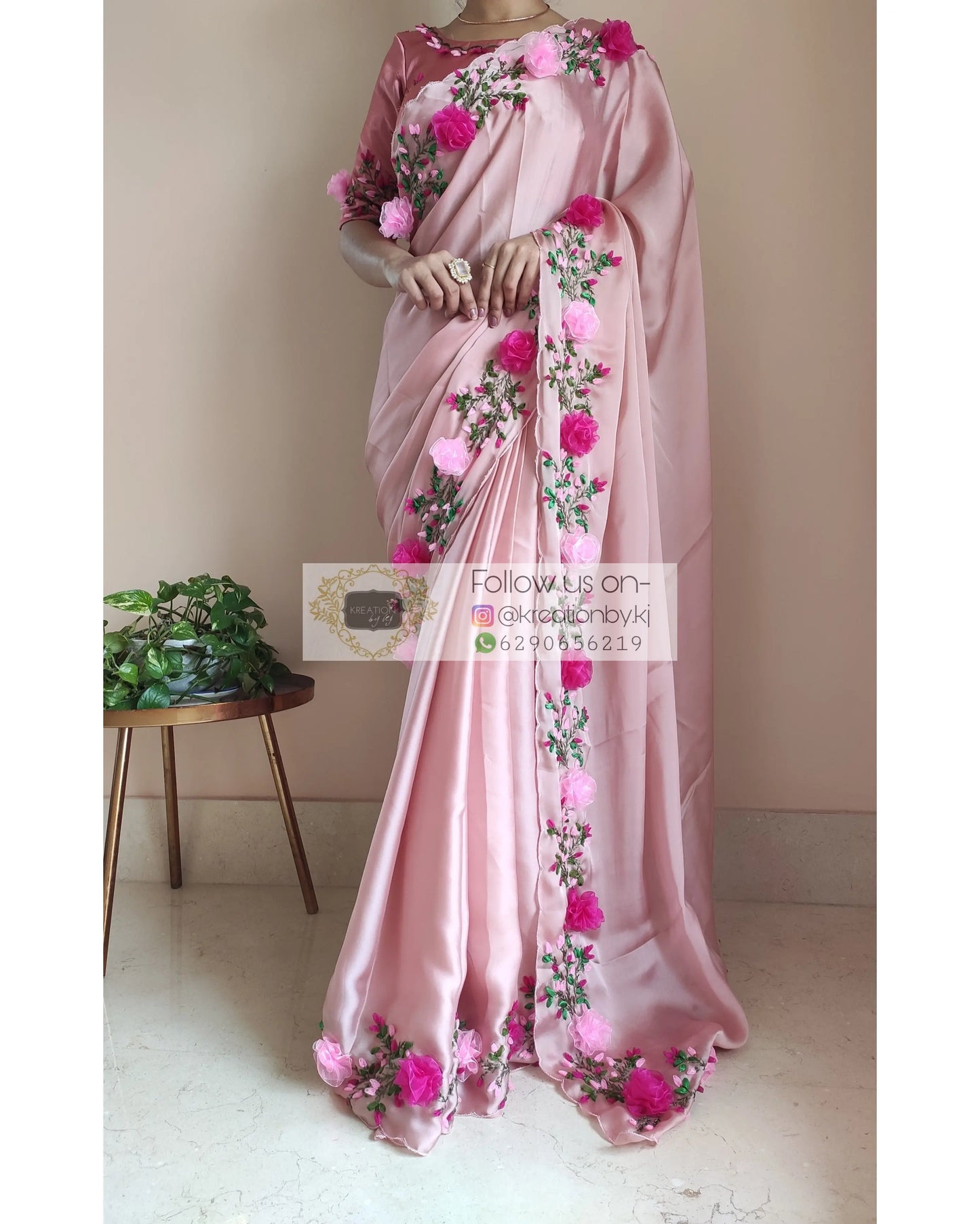 Onion Pink French Ribbon Embroidered Saree - kreationbykj