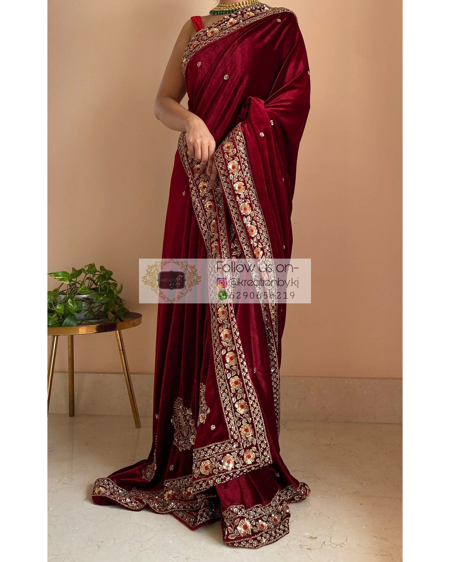 Burgundy Velvet Bridal Saree - kreationbykj