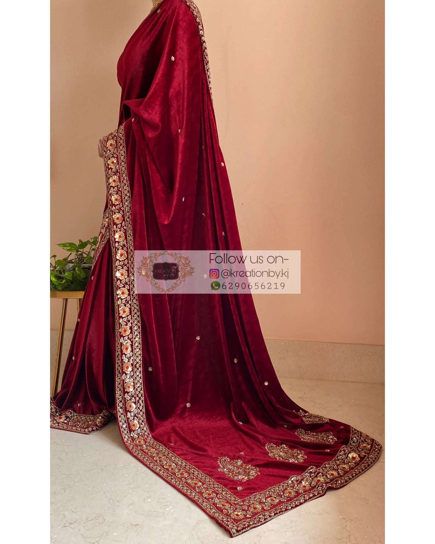 Burgundy Velvet Bridal Saree - kreationbykj