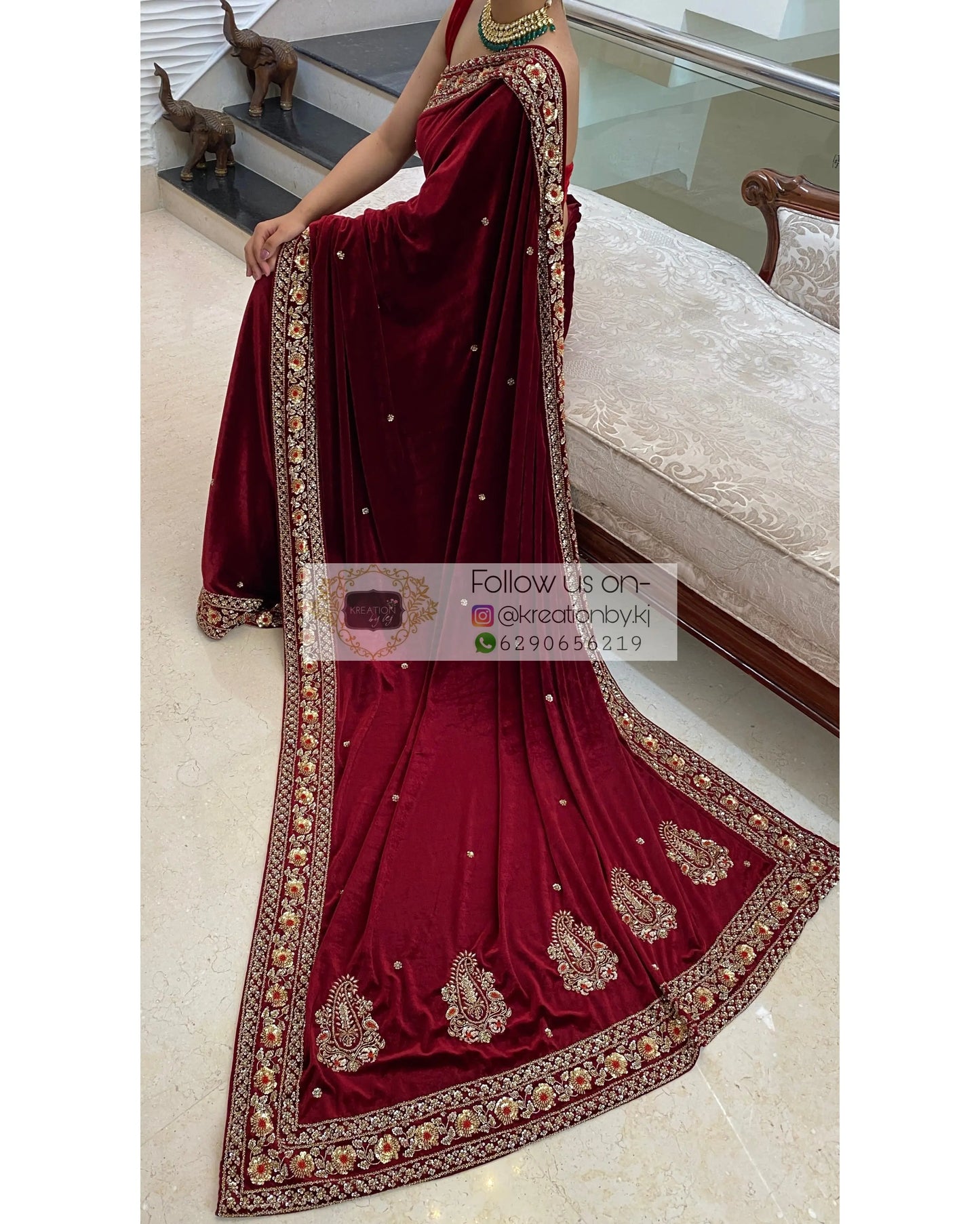 Burgundy Velvet Bridal Saree - kreationbykj