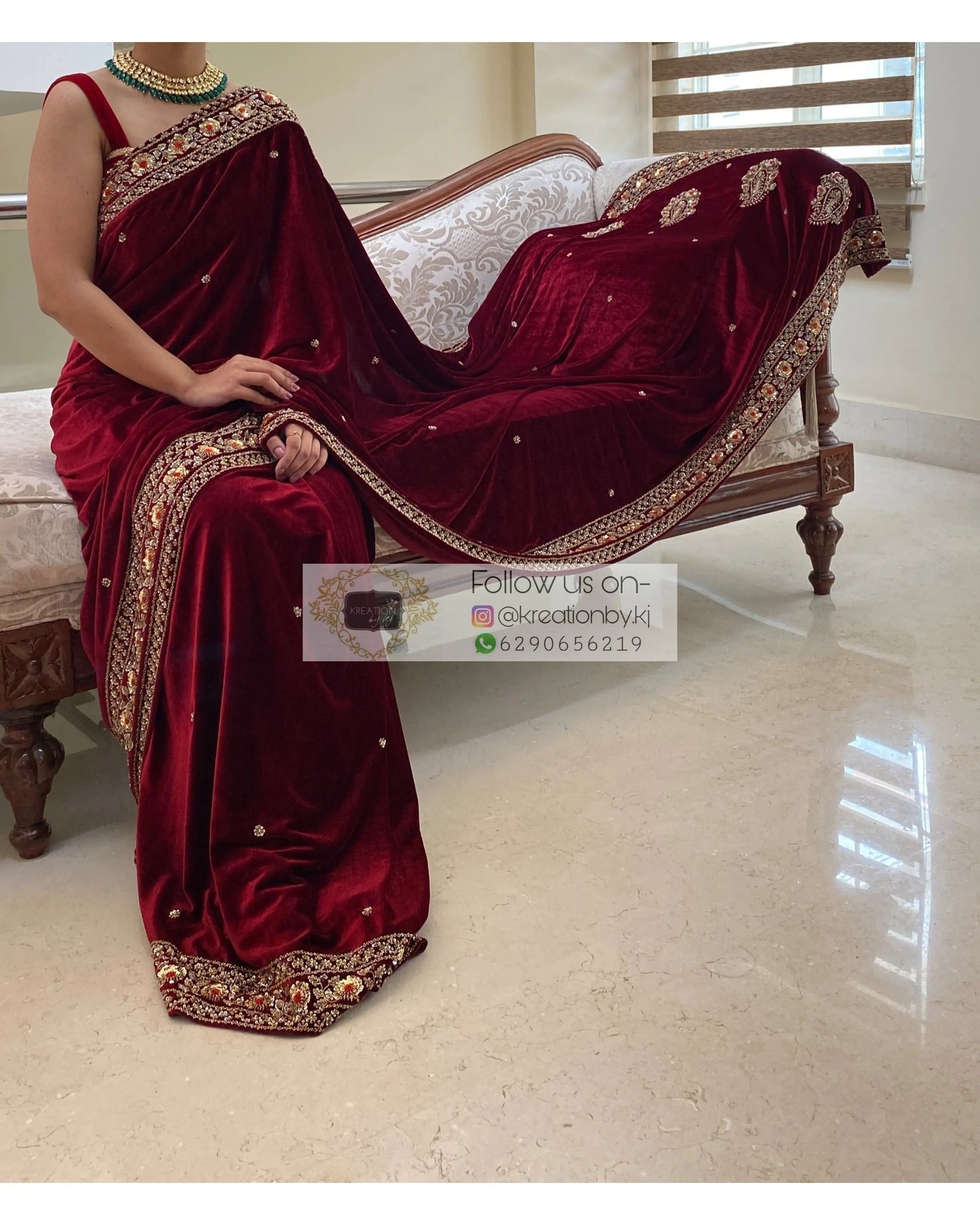 Burgundy Velvet Bridal Saree - kreationbykj