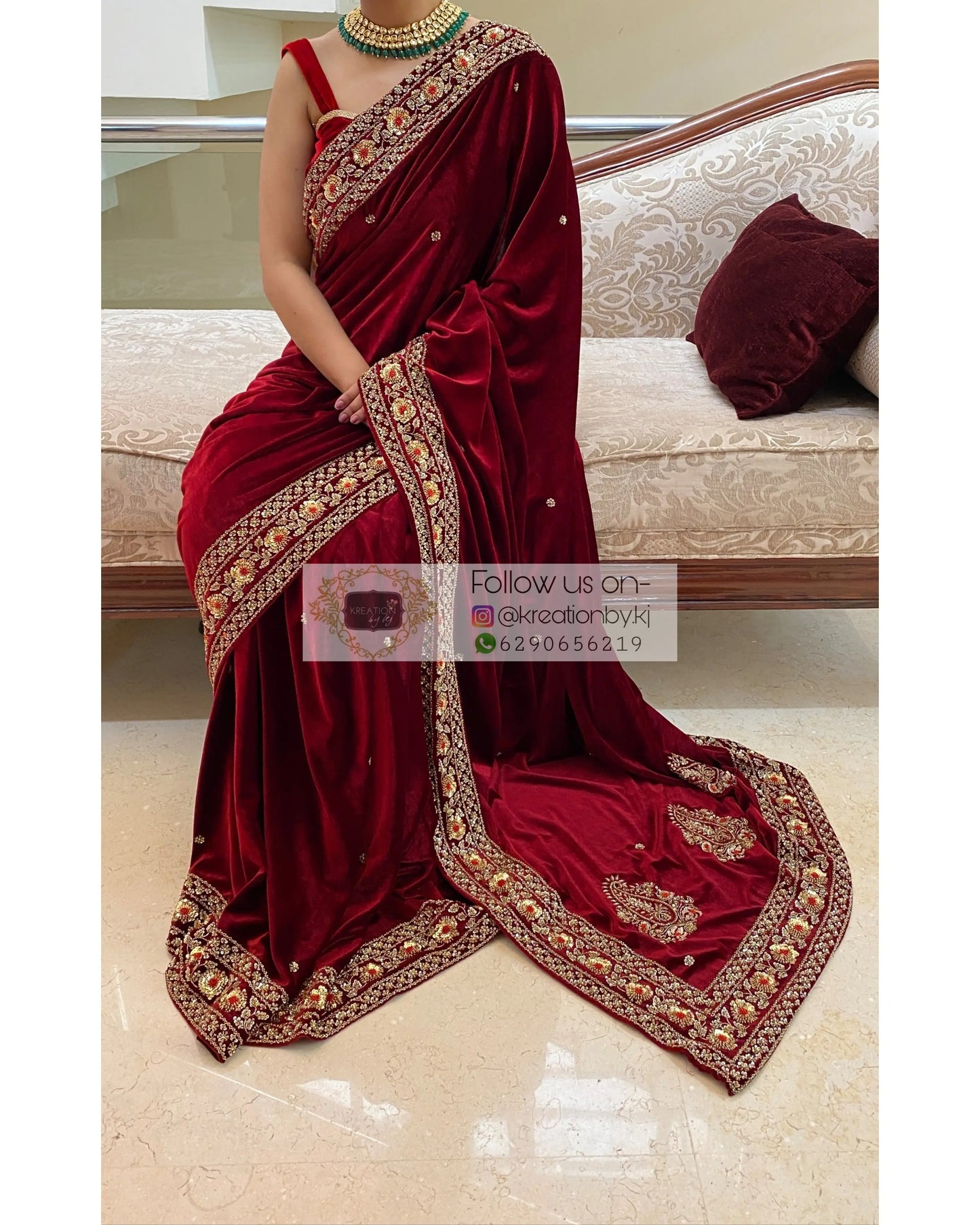 Burgundy Velvet Bridal Saree - kreationbykj