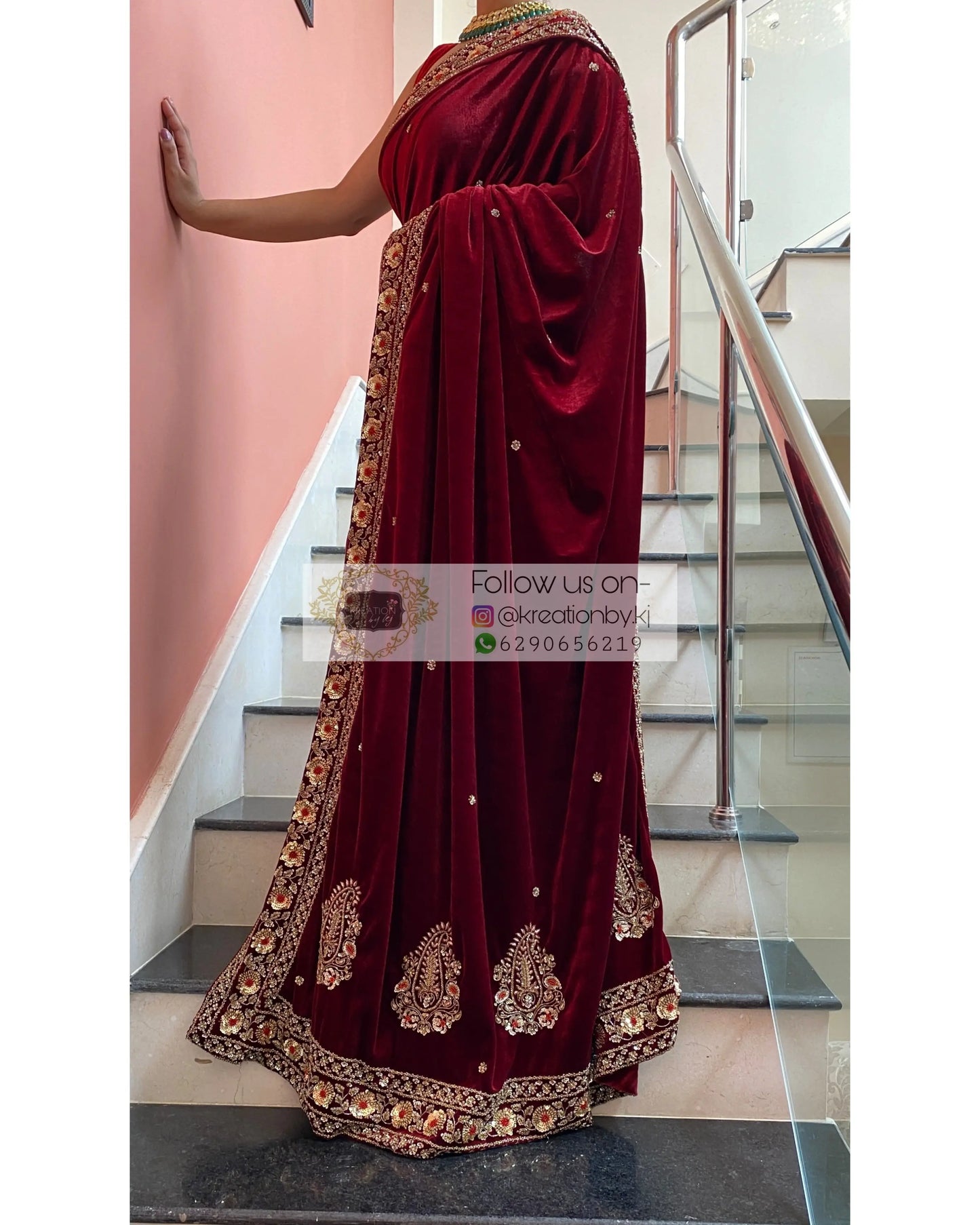 Burgundy Velvet Bridal Saree - kreationbykj