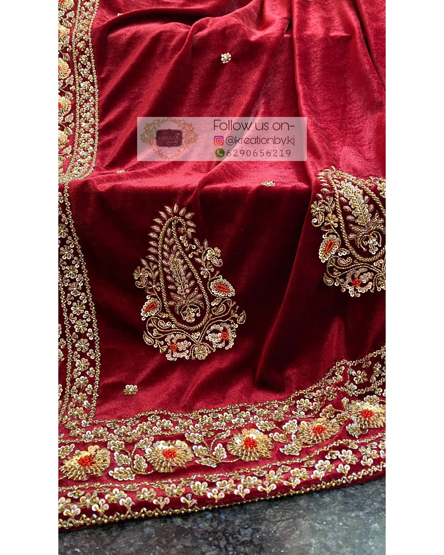 Burgundy Velvet Bridal Saree - kreationbykj