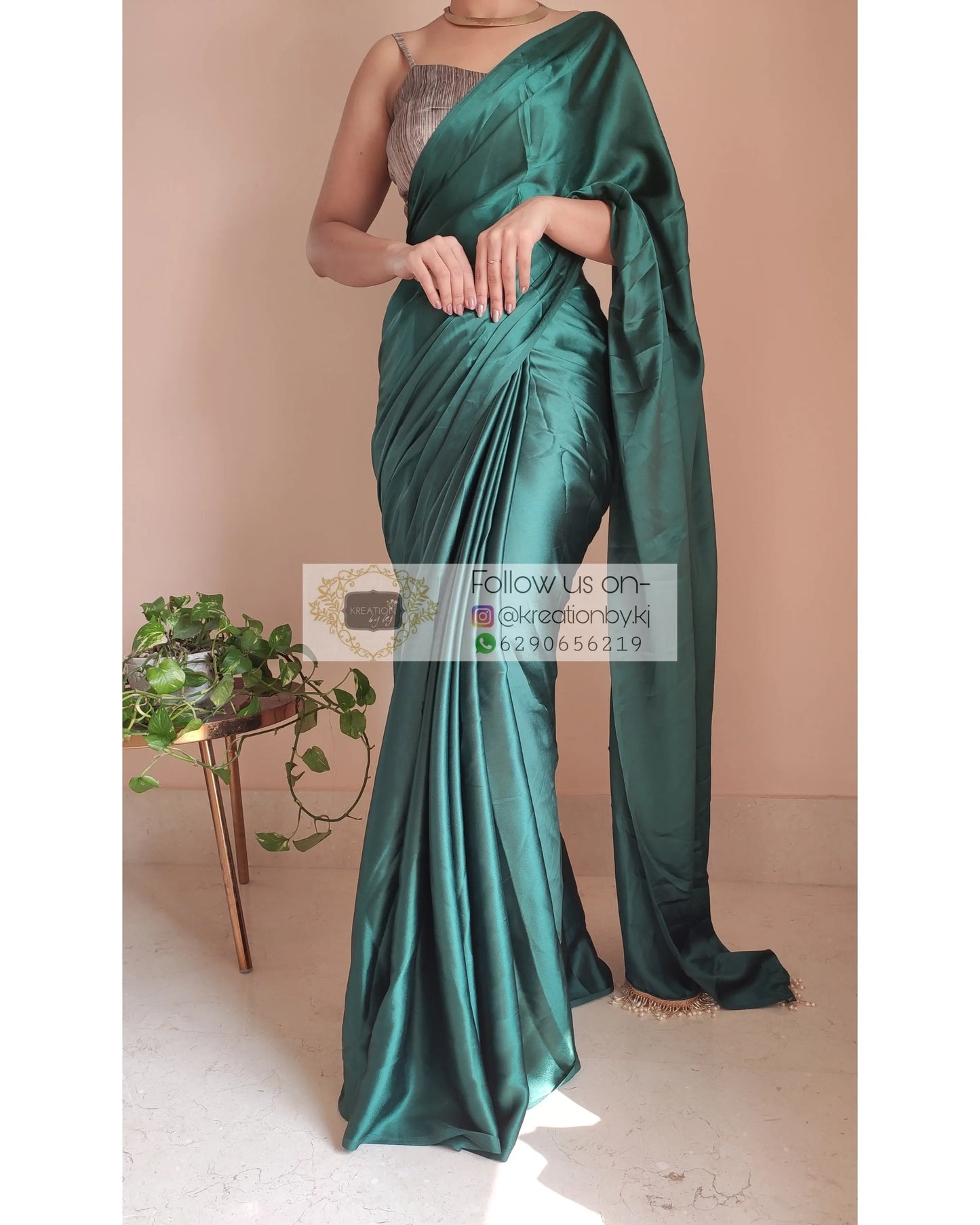 Emerald Green Satin Silk Saree With Handmade Tassels On Pallu - kreationbykj
