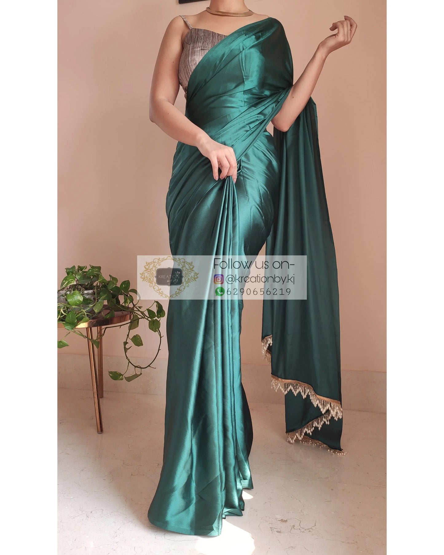 Emerald Green Satin Silk Saree With Handmade Tassels On Pallu - kreationbykj