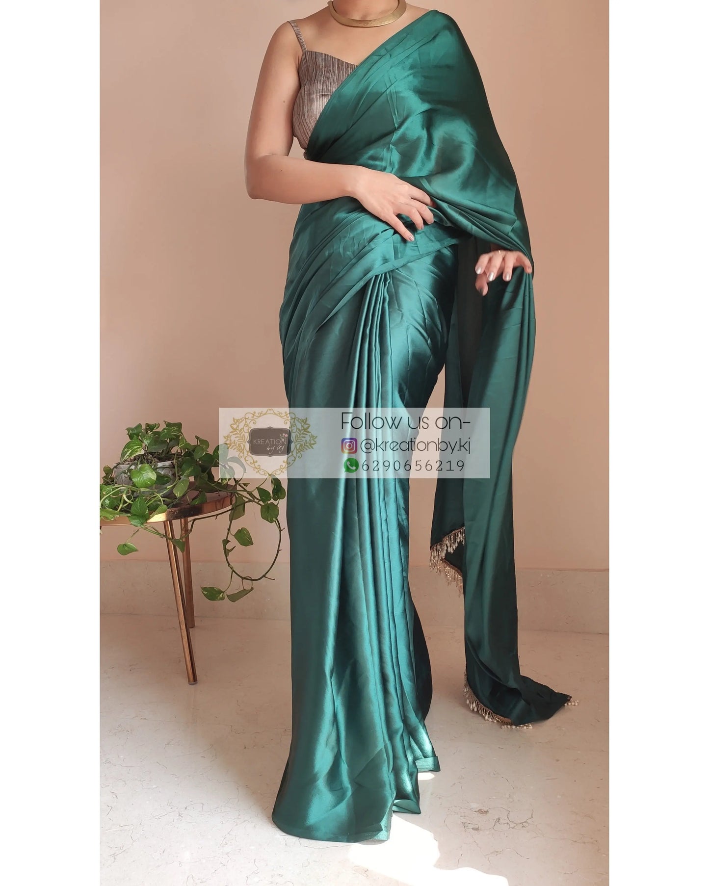 Emerald Green Satin Silk Saree With Handmade Tassels On Pallu - kreationbykj