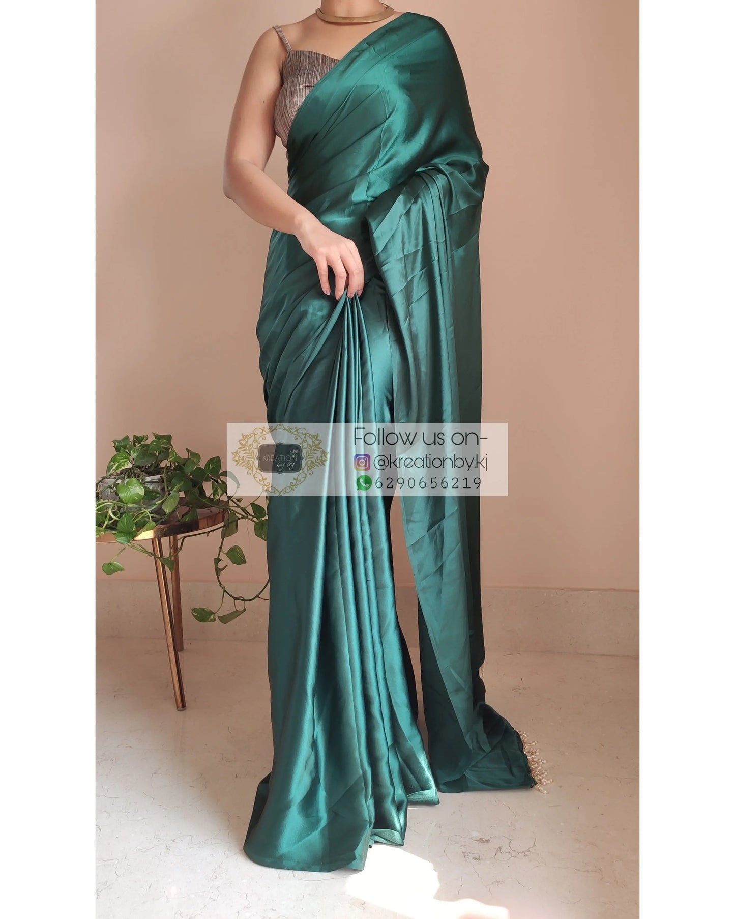 Emerald Green Satin Silk Saree With Handmade Tassels On Pallu - kreationbykj