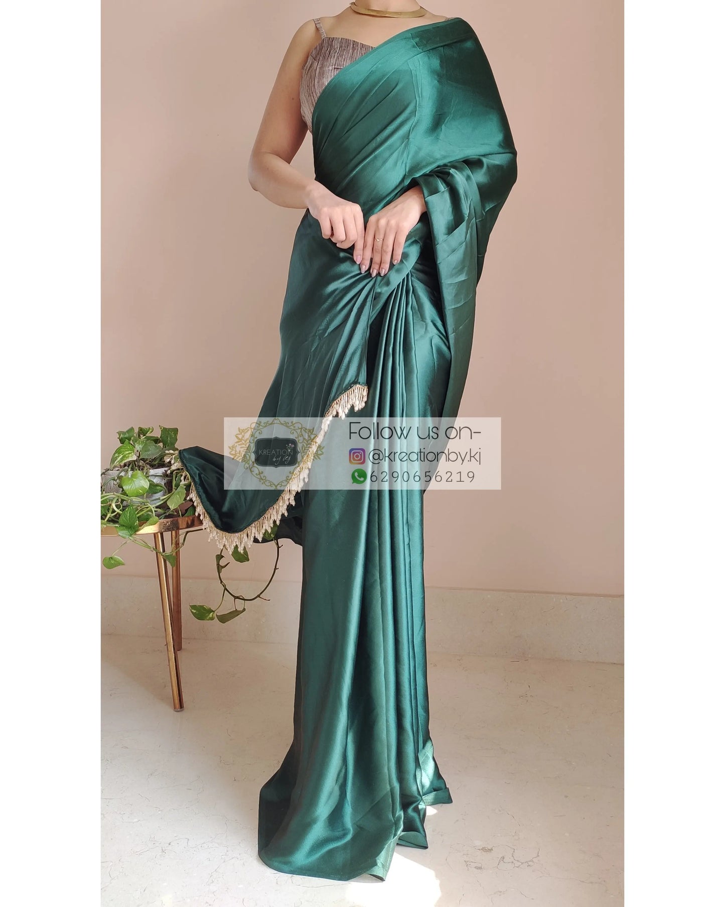 Emerald Green Satin Silk Saree With Handmade Tassels On Pallu - kreationbykj